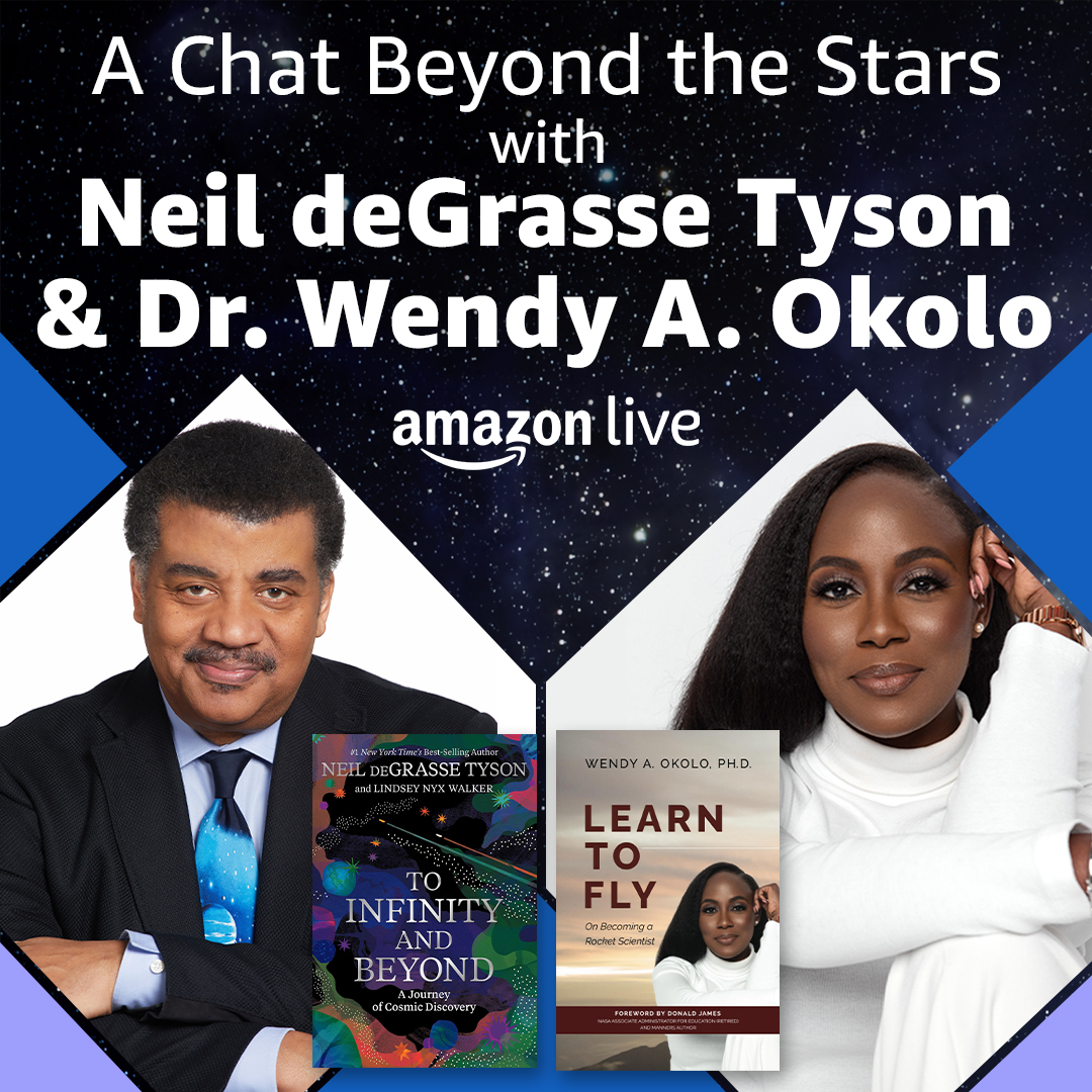 Watch Neil deGrasse Tyson and Dr. Wendy Okolo discuss space, astrophysics and their new books, 'To Infinity and Beyond' and 'Learn to Fly' with us today on #amazonlive. Watch here at 12pm PST! bit.ly/kindle920