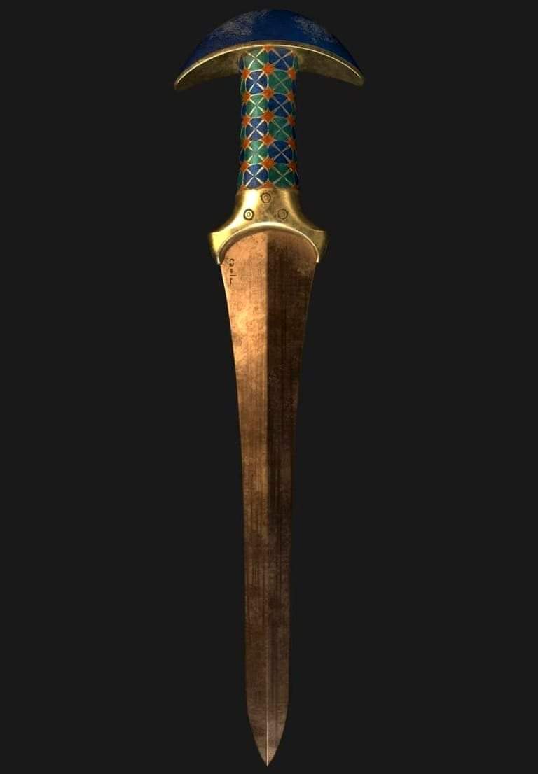 Ceremonial Dagger of Princess Ita. Princess Ita was an ancient Egyptian Pharaoh's daughter who lived in 12th Dynasty (1914-1879 BC).

Pommel is in shape of a light crescent of lapis lazuli. Hilt is beaten gold and is inlaid with disks of lapis lazuli and green feldspar. Disks are