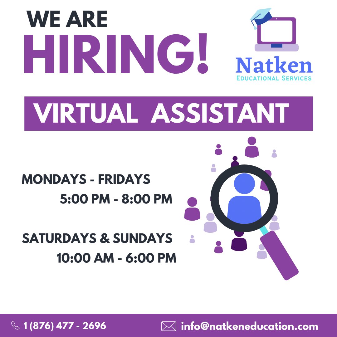NatkenEducation's tweet photo. #WeAreHiring a Virtual Assistant to assist with the smooth operation of our day to day activities! Interested candidates are invited to send their resumes to info@natkeneducation.com 

#Natken #JobOpportunity https://t.co/gMKjGy3imn