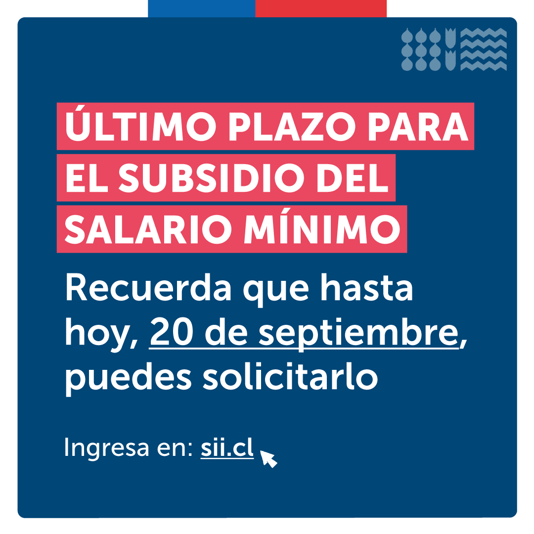 🔴Recuerden pymes región de #Antofagasta‼

Hoy 20 de septiembre es el último día para solicitar el subsidio para el pago del #SueldoMínimo

Si tienes trabajadores que reciben salario mínimo o has pagado sueldos entre $411 mil y $500 puedes solicitarlo en sii.cl