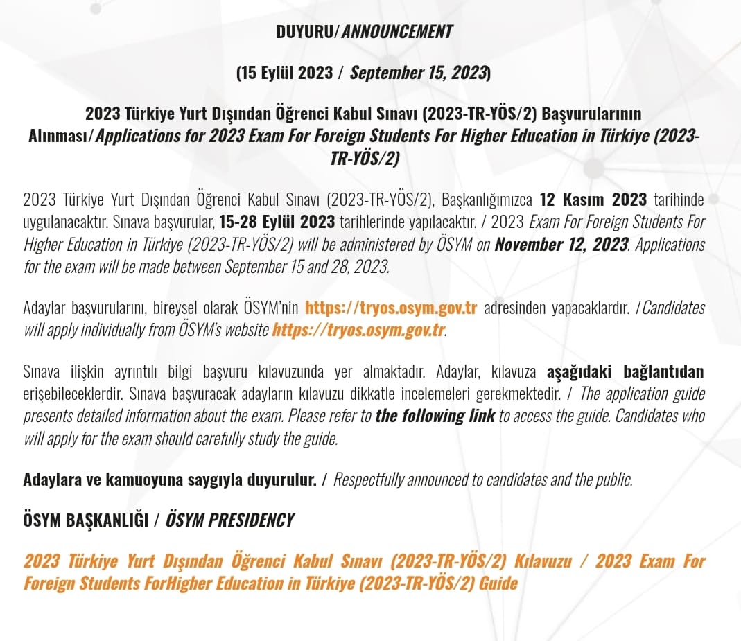 KuveytEM's tweet photo. 2023 yılı Türkiye Yurt Dışından Öğrenci Kabul Sınavı (2023-TR-YÖS/2) için başvurular 15-28 Eylül 2023 tarihleri arasında alınacaktır.
Başvurular, bireysel olarak https://t.co/Iqbv32SkzV adresinden yapılabilecektir.
Detaylar için:
https://t.co/5JFIHD6HI3…
@YuksekogretimK https://t.co/izFguA2xcI