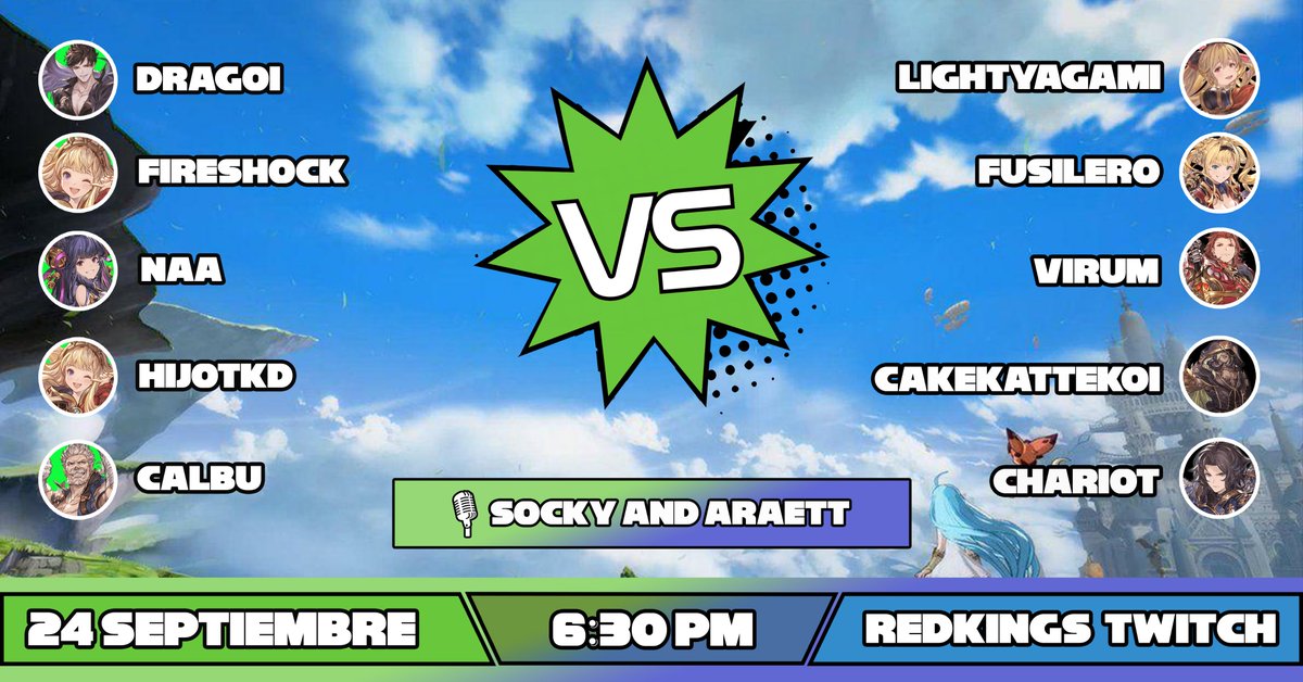 RedKings_FG's tweet photo. #SpanishWeekUps🔥
➡️ Segundo team battle de la sección, este domingo es el turno de #GBVS
🇪🇸 @FGC_Dragoi #Fireshock #Naa @HijodeTKD y @Calbu1993
🇬🇧 @TheeLightYagami #Fusilero @Virum_FG @cakekattekoi @ChariotDaGawd
🎙️ @SockyRF y @LTFGC_Araett https://t.co/aGpChpZrcK
