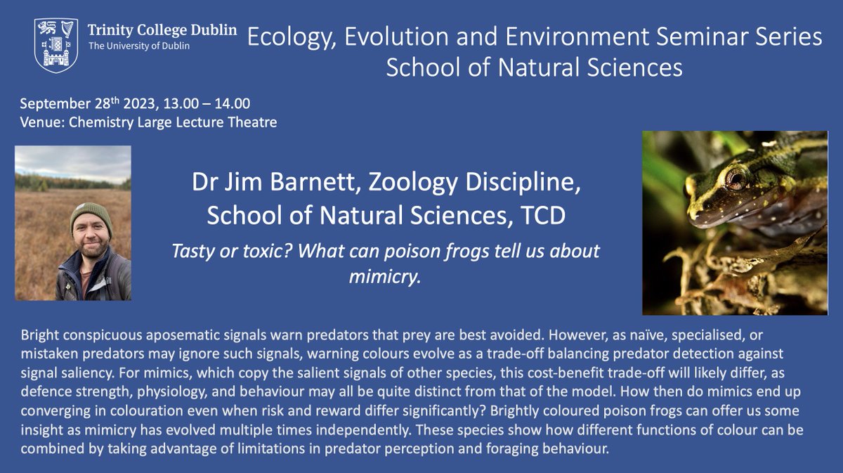 School of Natural Sciences, Trinity College Dublin (@tcd_natsci) on Twitter photo Join us for the first of our Ecology, Evolution and Environment Seminars on September 28th. First up is a new arrival to our School, Prof. @JimBBarnett! All welcome.
<a href="/TCDZooMuseum/">TCD Zoology Museum</a> <a href="/TCDZoology/">Zoology, Trinity College Dublin</a> <a href="/tcdbotsoc/">TCD Botanical Society</a> <a href="/tcddublin/">Trinity College Dublin</a> <a href="/TCBotanicGarden/">Trinity College Botanic Garden</a> <a href="/TCD_Geography/">Trinity Geography</a> Join us for the first of our Ecology, Evolution and Environment Seminars on September 28th. First up is a new arrival to our School, Prof. @JimBBarnett! All welcome.
<a href="/TCDZooMuseum/">TCD Zoology Museum</a> <a href="/TCDZoology/">Zoology, Trinity College Dublin</a> <a href="/tcdbotsoc/">TCD Botanical Society</a> <a href="/tcddublin/">Trinity College Dublin</a> <a href="/TCBotanicGarden/">Trinity College Botanic Garden</a> <a href="/TCD_Geography/">Trinity Geography</a>