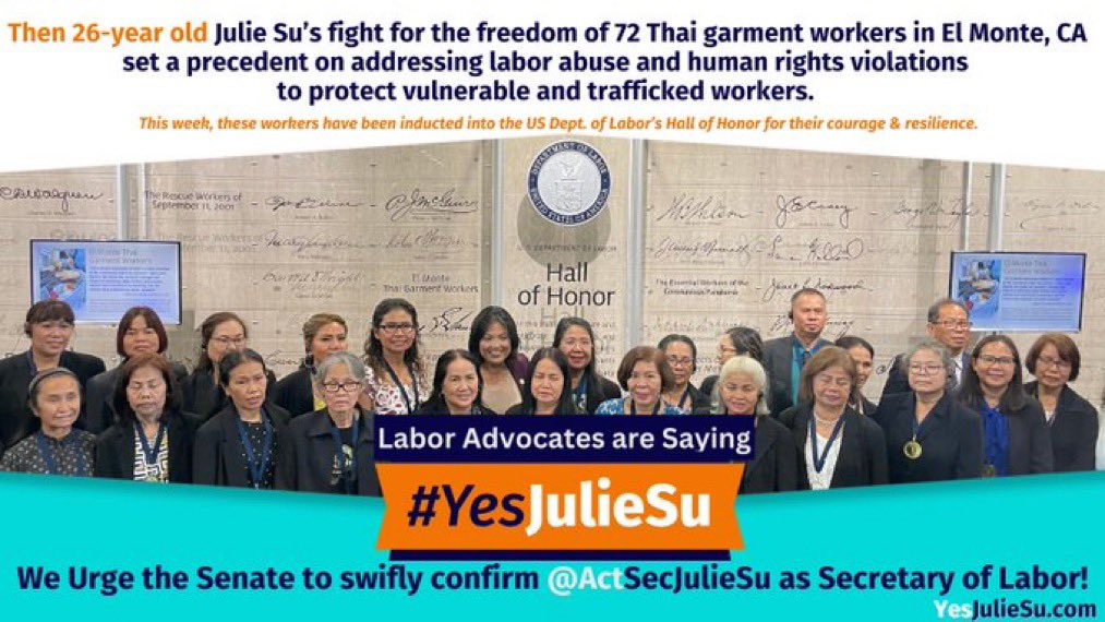 @ActSecJulieSu is a leader who is working to improve labor standards enforcement to protect vulnerable workers. She has dedicated her over 25-year career to the advancement of workers’ rights, fair labor practices, and advancing equity & opportunities for all workers #YesJulieSu