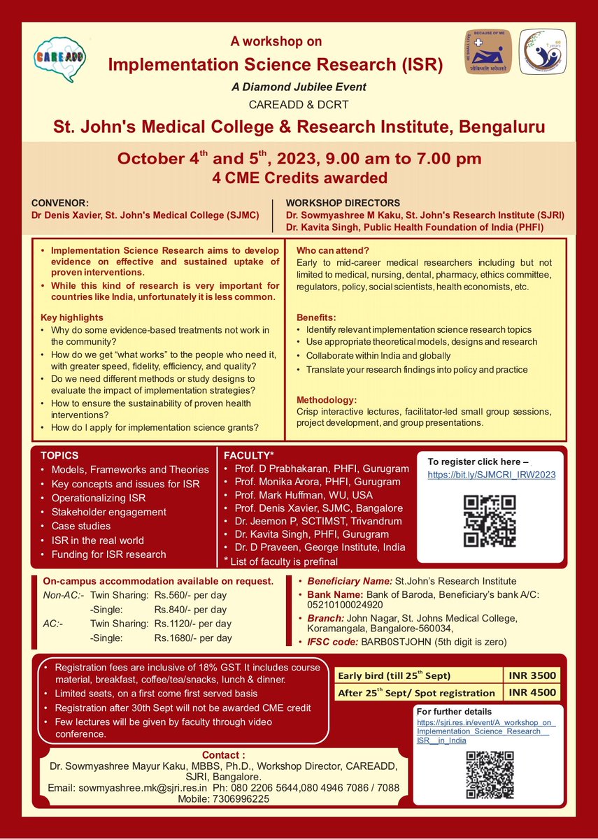 Announcing *EXTENDED EARLY BIRD REGISTRATION* &amp; *4 CMR credits* for our workshop  “Implementation Science Research"*, a Diamond Jubilee Event, jointly organized by CAREADD and DCRT, St. John’s Medical College and Research Institute, Bangalore (1/2)
<a href="/StJohnsResearch/">St. John's Research Institute #SJRI</a>
<a href="/StJohns_Blr/">St. John's National Academy of Health Sciences</a>