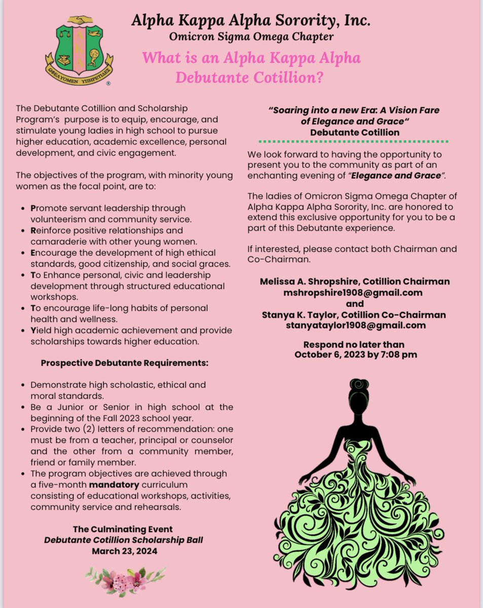 OSOAKA1908's tweet photo. As the debutante season arrives, we are seeking junior and senior young ladies to participate. See  flyer for requirements and contact information. https://t.co/ruDvedvKzA