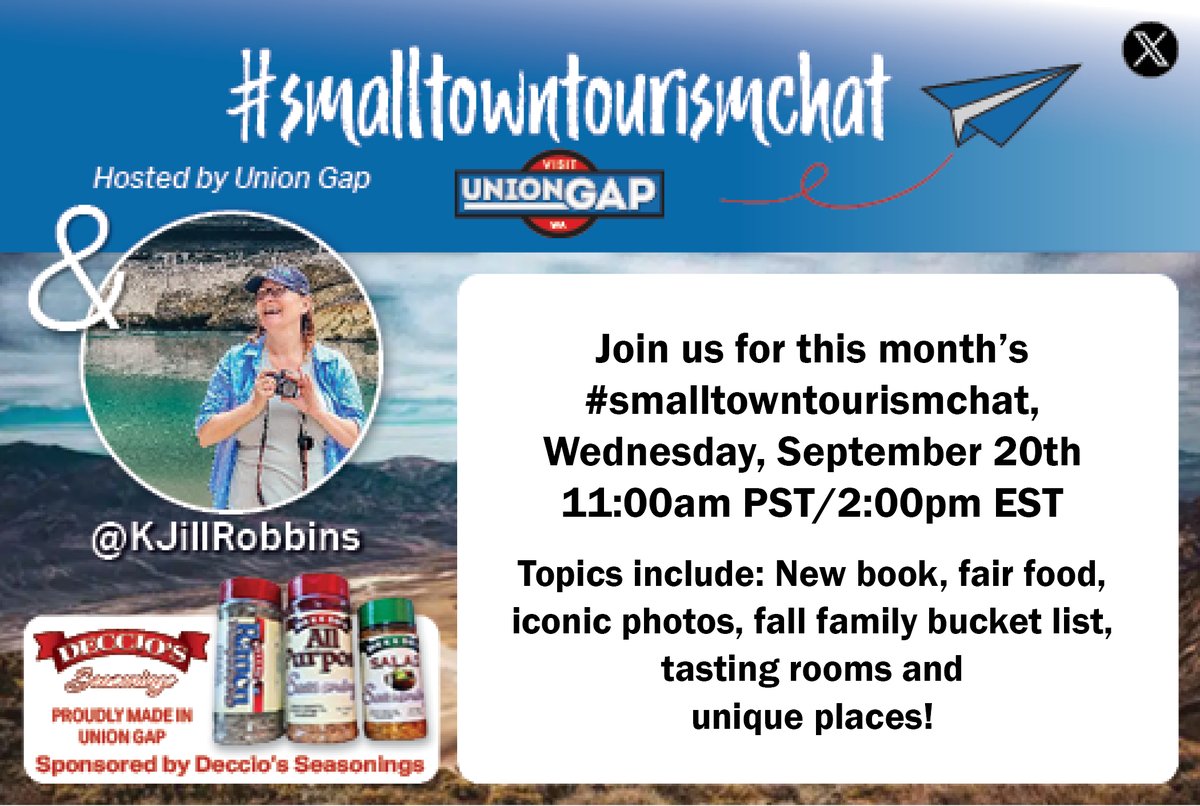 UnionGapWA's tweet photo. When you join us for our #SmallTownTourismChat - there's a chance your photo will be selected for our monthly photo collage also. Checkout these collages from chats with @drugstoredivas and @TravelWestUSA 

Join us for today's chat with @KJillRobbins! https://t.co/79VjP72abp