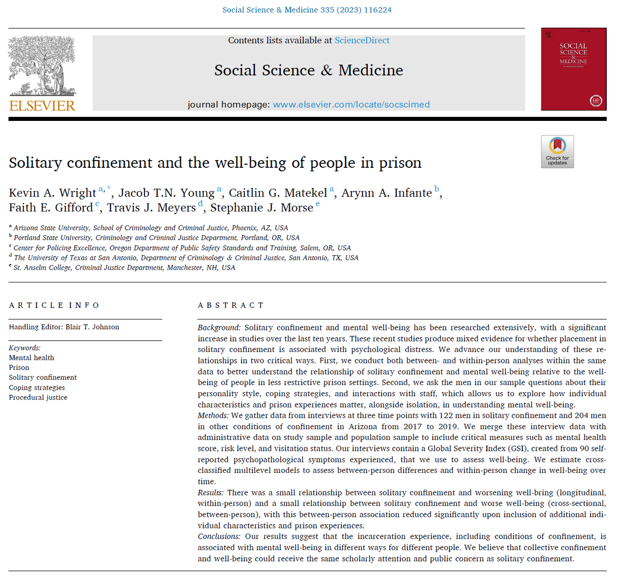 Our article “Solitary Confinement and the Well-Being of People in Prison” is now available in @socscimed at the link below. 

We hope our work contributes to continued productive conversation on safe and humane correctional practice.

authors.elsevier.com/a/1hkyF-CmUzffu