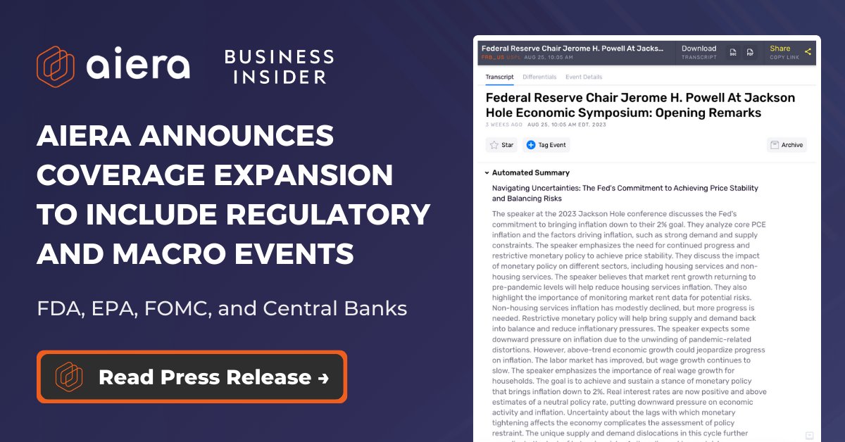 Aiera's tweet photo. Aiera is announcing further expansion of its leading event coverage to now include events hosted by regulatory and government agencies, such as the FDA, EPA, FOMC, central banks, and more.

Press release: https://t.co/2WLhBaaB5T

#macro #fed #fomc #fda #epa #fintech https://t.co/mnA22vhVy1
