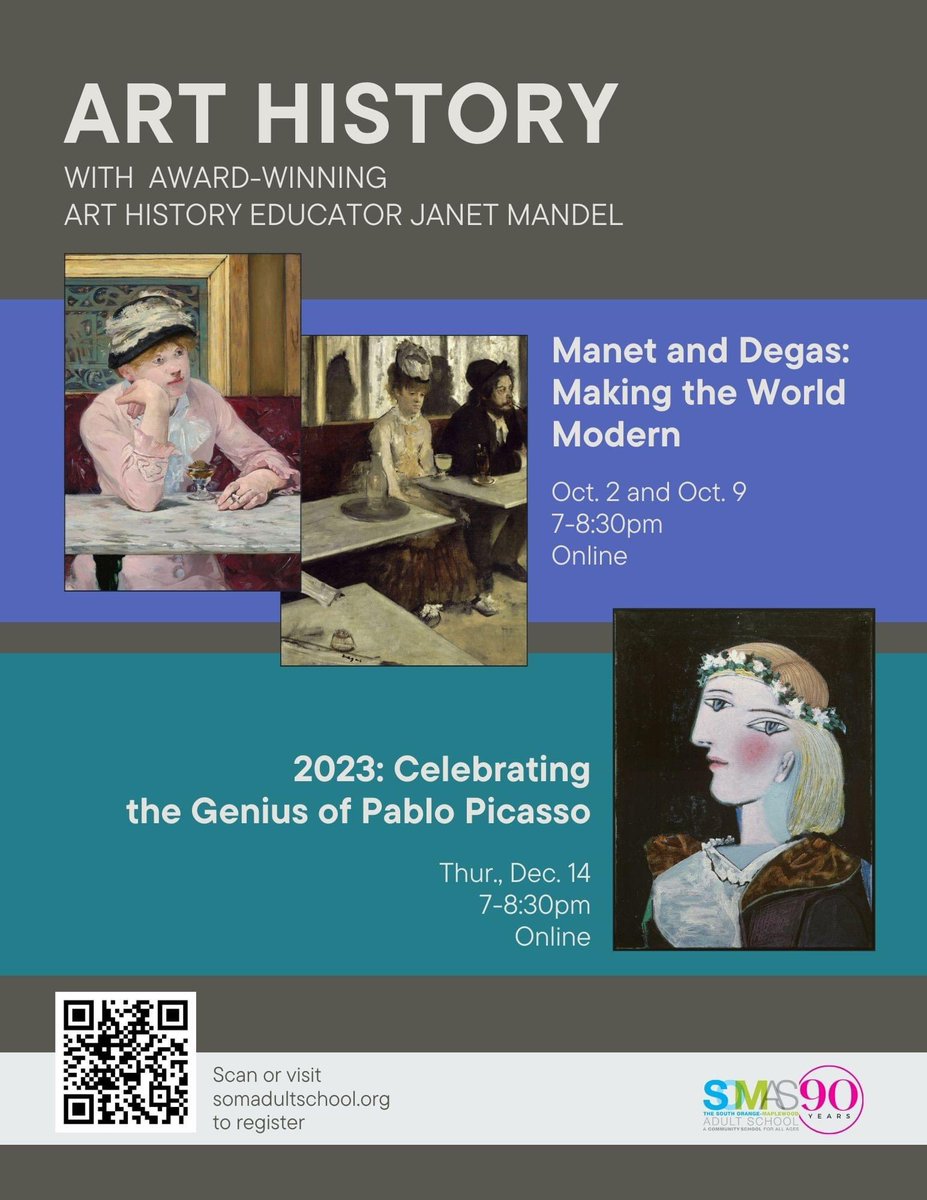 WestOrangeArts's tweet photo. Art Talks w/ Janet Mandel on Manet/Degas and Picasso at @somas90 South Orange Maplewood Adult School. Dates: 10/2, 10/9 &amp; 12/14. See flyer for details to sign up: 
#arthistory #manet #degas #picasso #southorangenj #maplewoodnj #arttalks #njarts https://t.co/PAHS2p0Fyw