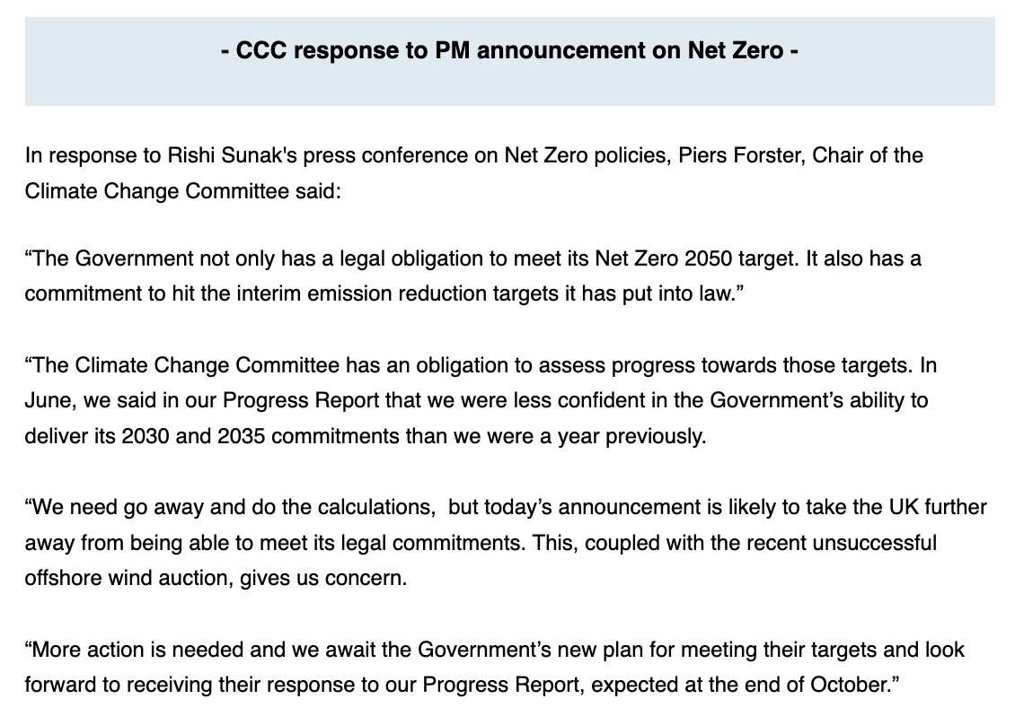 All-important response from UK govt's official climate advisors <a href="/theCCCuk/">Climate Change Committee</a> 

Chair <a href="/piersforster/">Piers Forster</a>:

"Today’s announcement likely to take UK further away from being able to meet its legal commitments. This, coupled with recent unsuccessful offshore wind auction, gives us concern."