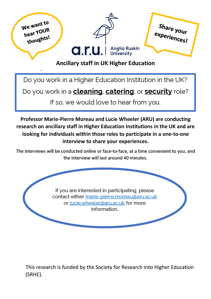 Do you work in an ancillary position in a HE setting or do you know anybody who does? If so, we would love to interview you. I am posting a leaflet below and would be very grateful for any help. Thank you. #cleaners #securitystaff #catering #HigherEducation #AcademicChatter