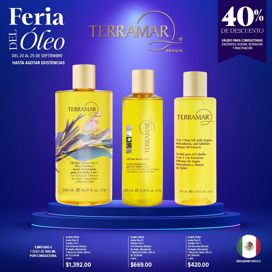 TERRAMAR_BRANDS's tweet photo. Continúa nuestra #FeriaDelOleo para ti #LiderTerramar y #ConsultoraTerramar 😍💗 con un fabuloso 40% de descuento en nuestro best sellers🌟 ¡¡El oro líquido de nuestro cuidado capilar!! 🥰¡¡Únete HOY MISMO a #Terramar y comienza una carrera exitosa!! 💙✨ https://t.co/JBMwBUSkJ1