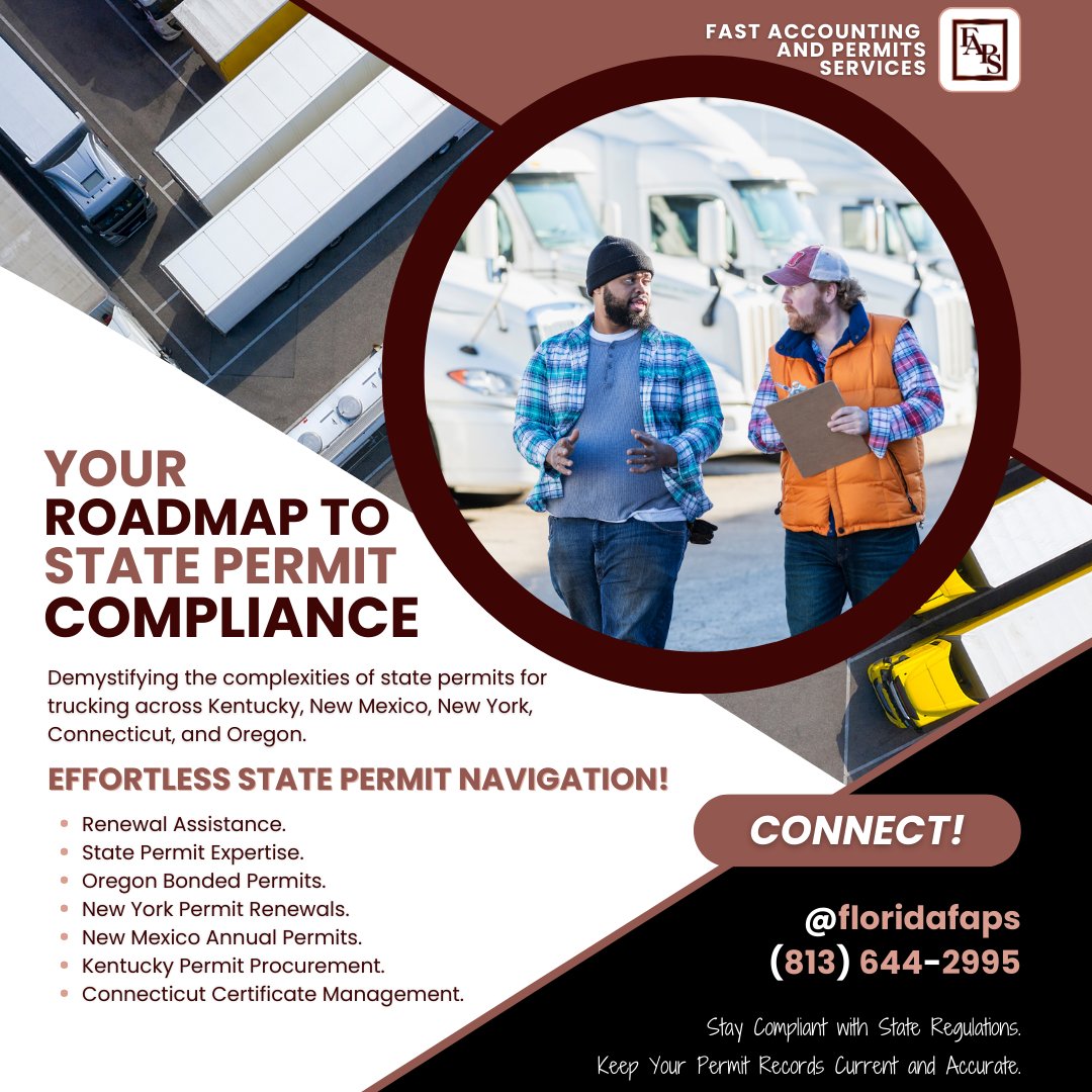 floridafaps's tweet photo. 🚚 Need trucking permits, tax help, and more? Simplify compliance in KY, NM, NY, CT, and OR with FAST ACCOUNTING AND PERMITS SERVICES. Contact us! 📞 (813) 644-2995 #Trucking #Compliance https://t.co/LKFAjY3ATg