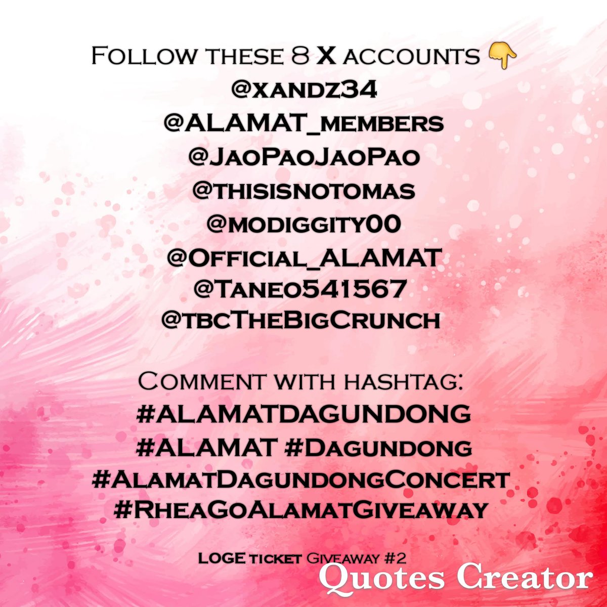 xandz34's tweet photo. Magiliws! 🤎

My Giveaway #2
1 LOGE physical ticket for Dec 1 Friday 2023
@Official_ALAMAT concert

Comment with hashtag: 
#ALAMATDAGUNDONG
#ALAMAT #Dagundong 
#AlamatDagundongConcert
#RheaGoAlamatGiveaway 

Follow these 8 X accounts 👇

Winners will be chosen by a random picker! https://t.co/vaHgp2Ikua