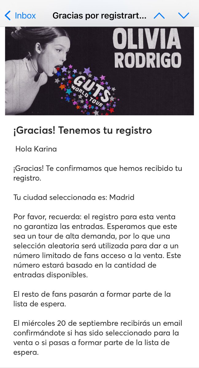 Hey ⁦<a href="/Ticketmaster/">Ticketmaster</a>⁩ there no email about ⁦<a href="/oliviarodrigo/">Olivia Rodrigo</a>⁩ Spain tour, something wrong?