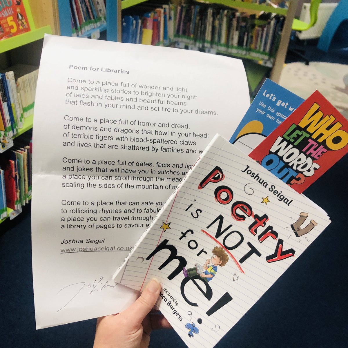 verityisreading's tweet image. Thank you so much to @joshuaseigal for sending us a signed copy of his latest book and a poem all about libraries! 😍
I will be displaying this proudly in our library and can’t wait to share the book (once I’ve read it first of course! 😉) 

#GreatSchoolLibraries #Poetry