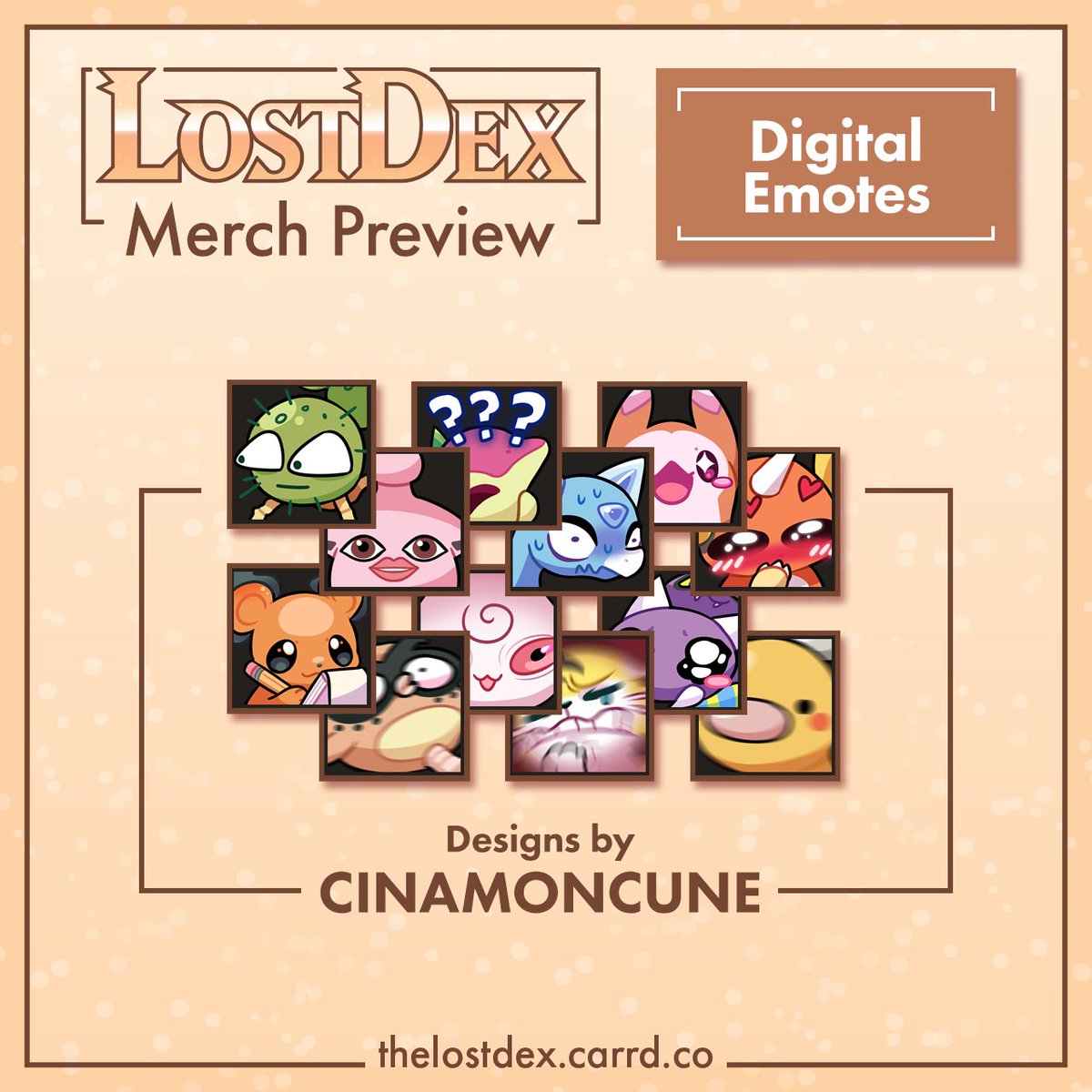 TheLostDex's tweet photo. 9 Days until Preorders begin on October 1st!

Today's merch preview are 12 expressive emotes designed by @cinamoncune! Which one is your favourite? https://t.co/p9P8OL6sSX