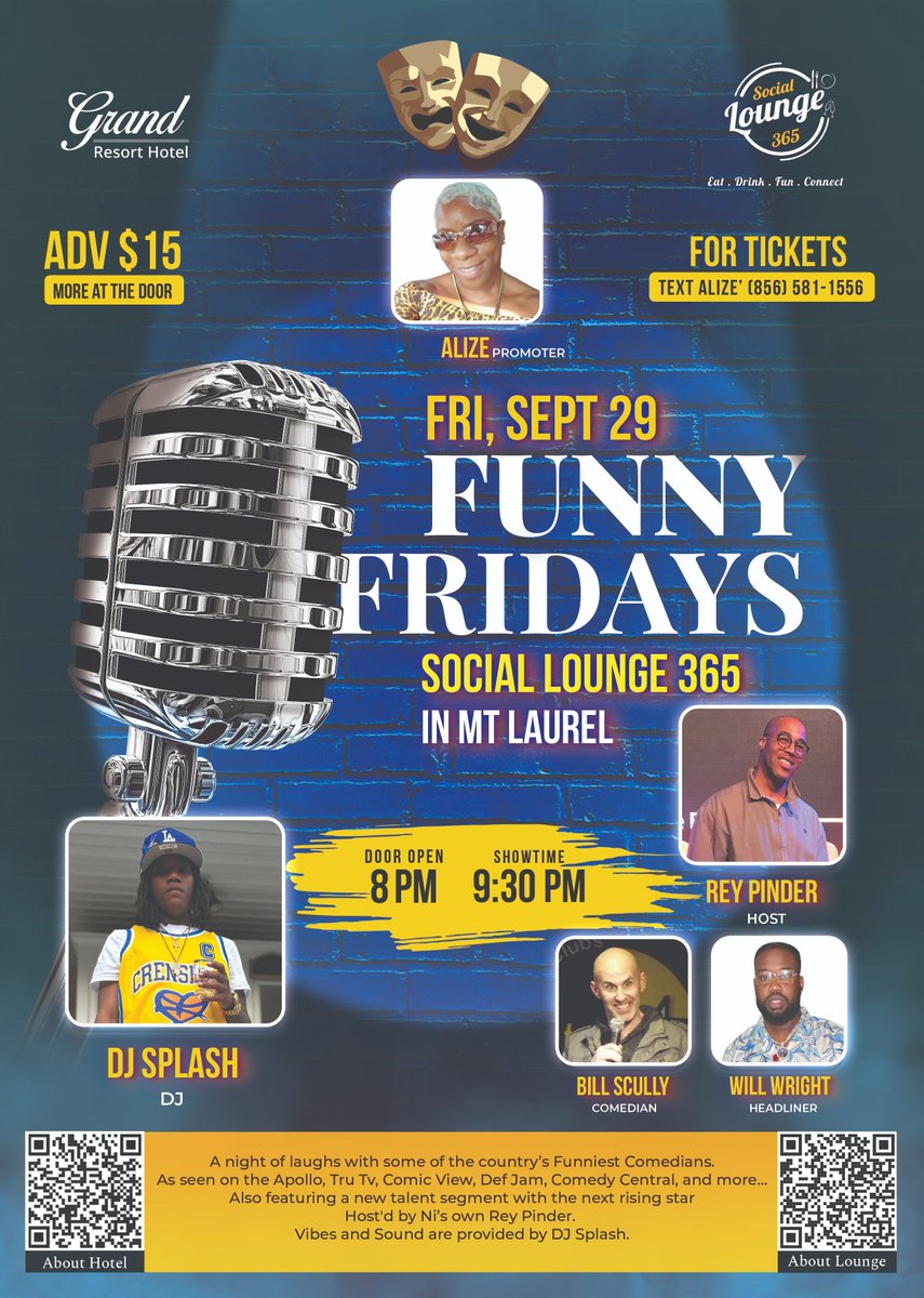 GrandResHotML's tweet photo. At the Grand Resort Hotel, Fridays are all about funny business! Join us for a night of comedy, camaraderie, and memorable moments. Call: 856-372-1170 to book your table!
#funnyfriday #fridaylaughs #fridayfunnies #funnycomedians #drinks #food #hotels #hotelstay #hotelroom https://t.co/SNew3aFeMR
