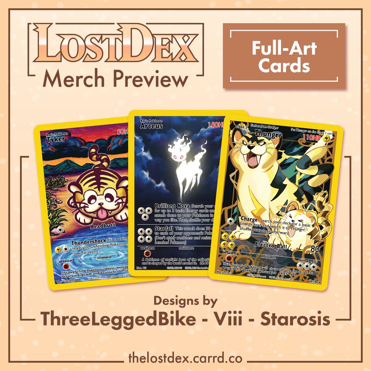 TheLostDex's tweet photo. 7 Days until Preorders begin on October 1st!

Today's merch preview are three full-art cards inspired by the original base set designed by @ThreeLeggedArt, @BlueBirdsNest_, and @starosis! https://t.co/keRlGCYDnW