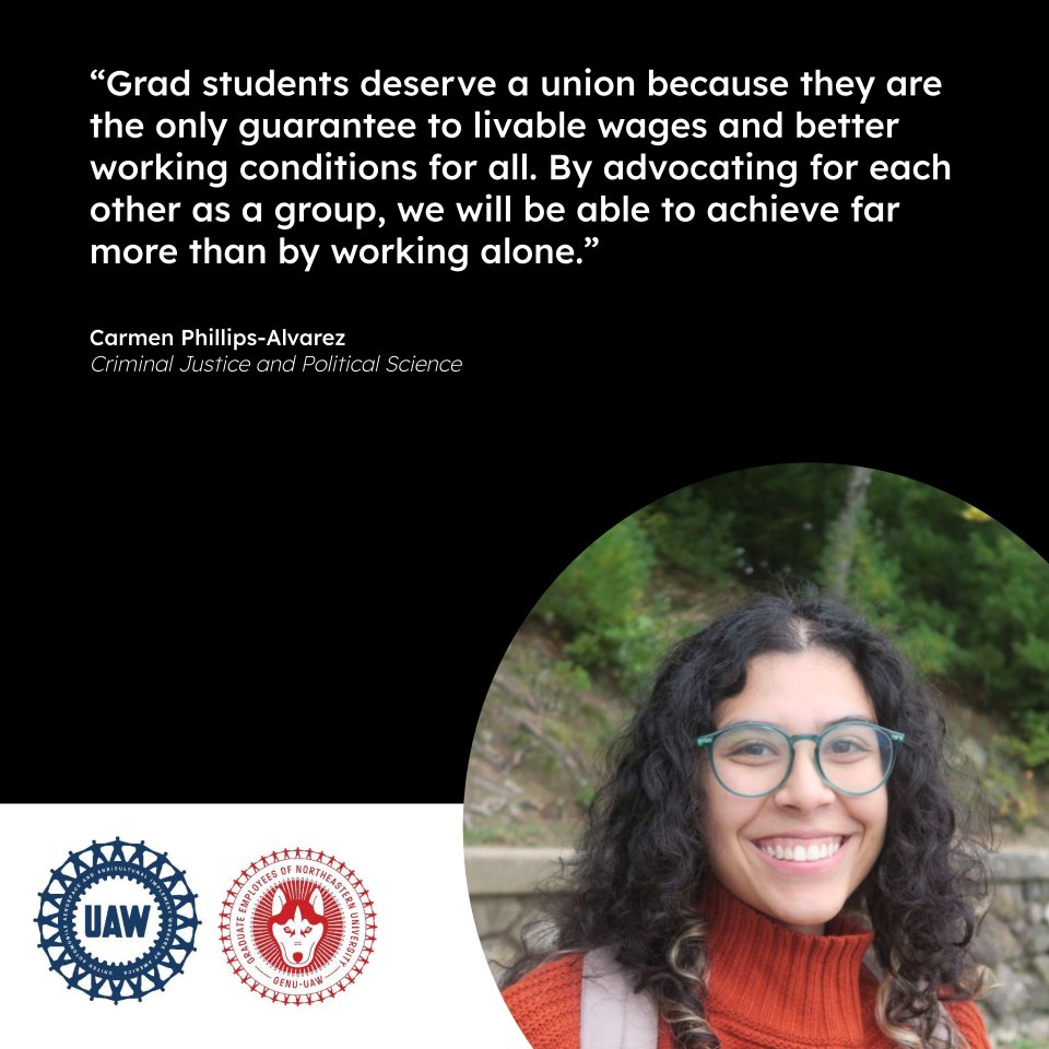 nugradunion's tweet photo. Carmen knows when her TAs don't have to work three jobs to make ends meet that means they have more capacity to be TAs. Everyone benefits from the union.
#MaPoli #SoTrueBestie #GradStudentsAreWorkers #PhDChat #AcademicChatter #UnionStrong #northeastern https://t.co/ui7BJcplFV