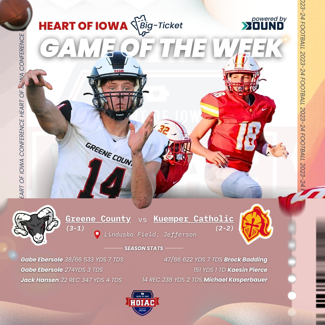 ℜ𝔬𝔩𝔩 𝔬𝔲𝔱 𝔱𝔥𝔢 𝔯𝔢𝔡 𝔠𝔞𝔯𝔭𝔢𝔱 🎬
The Heart of Iowa Big-Ticket Game of the Week premieres in Greene County - Get your tickets on Bound for exclusive access to this week's HOIAC Player of the Week!
bit.ly/greenecountyti…