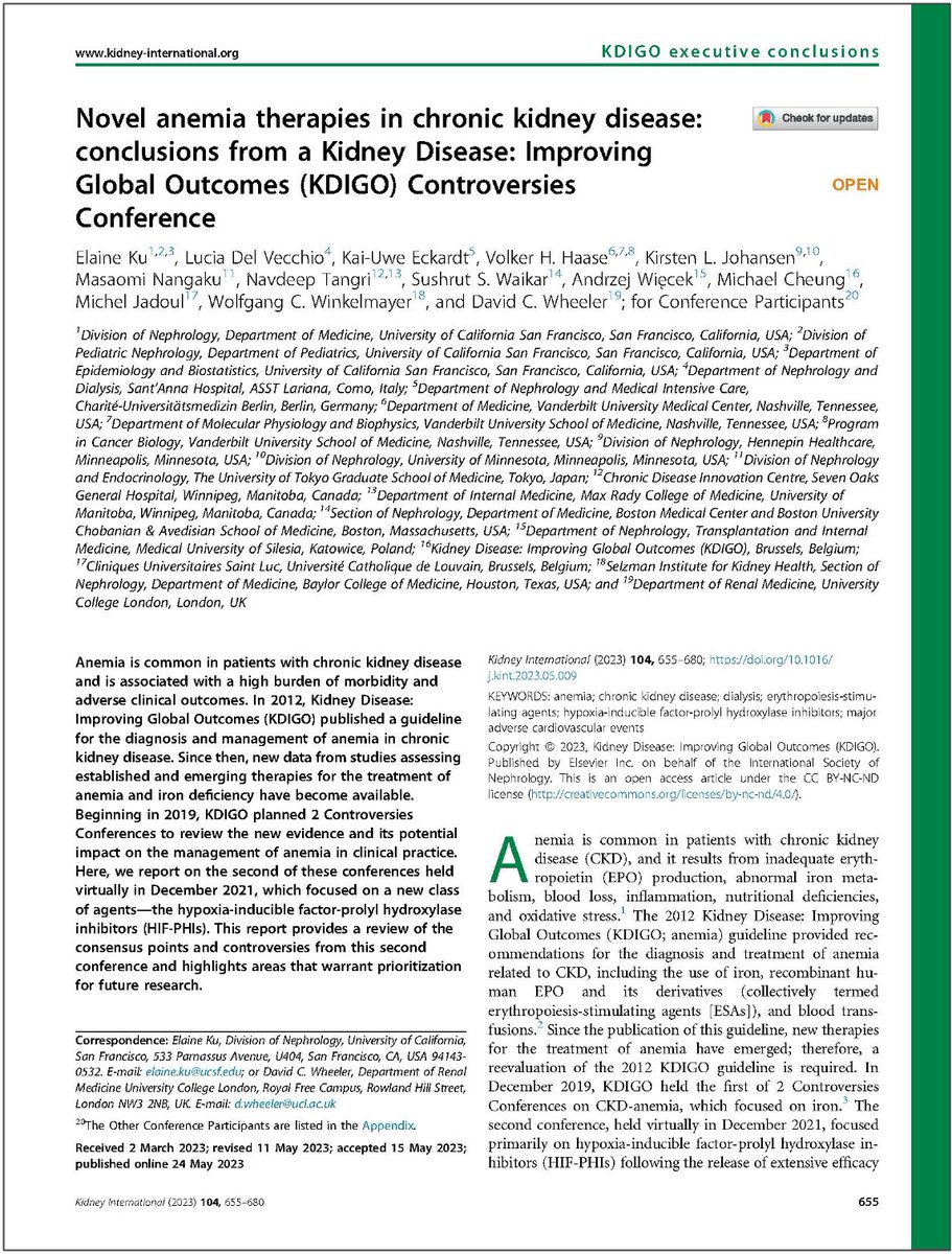 The KDIGO Novel Anemia Therapies in CKD Controversies Conference Report is now available in the October issue of @Kidney_Int. Read the report: kdigo.co/Novel-Anemia-T… The report is based on the virtual 2021 Controversies Conference co-chaired by Elaine Ku (University of