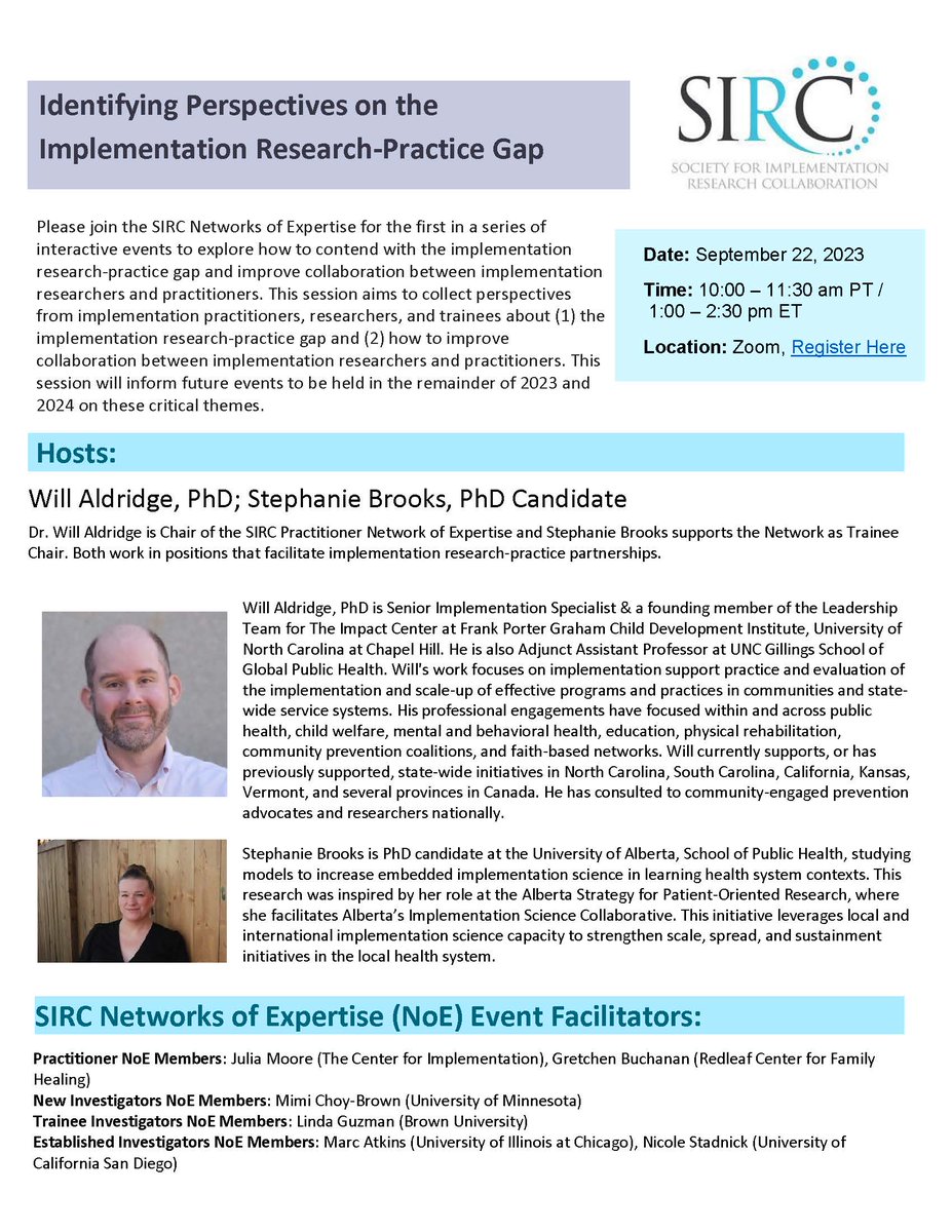 <a href="/ImplementCollab/">SIRC</a> is kicking off their Networks of Expertise with a 💥! 

Happening 9/22 @ 10 AM PT Identifying Perspectives on the #ImpSci research-practice gap! Hosted by <a href="/will_aldridgeii/">Will Aldridge</a> and <a href="/StephBrooks_KT/">Stephanie Brooks</a>

👉Register here: ualberta-ca.zoom.us/meeting/regist…