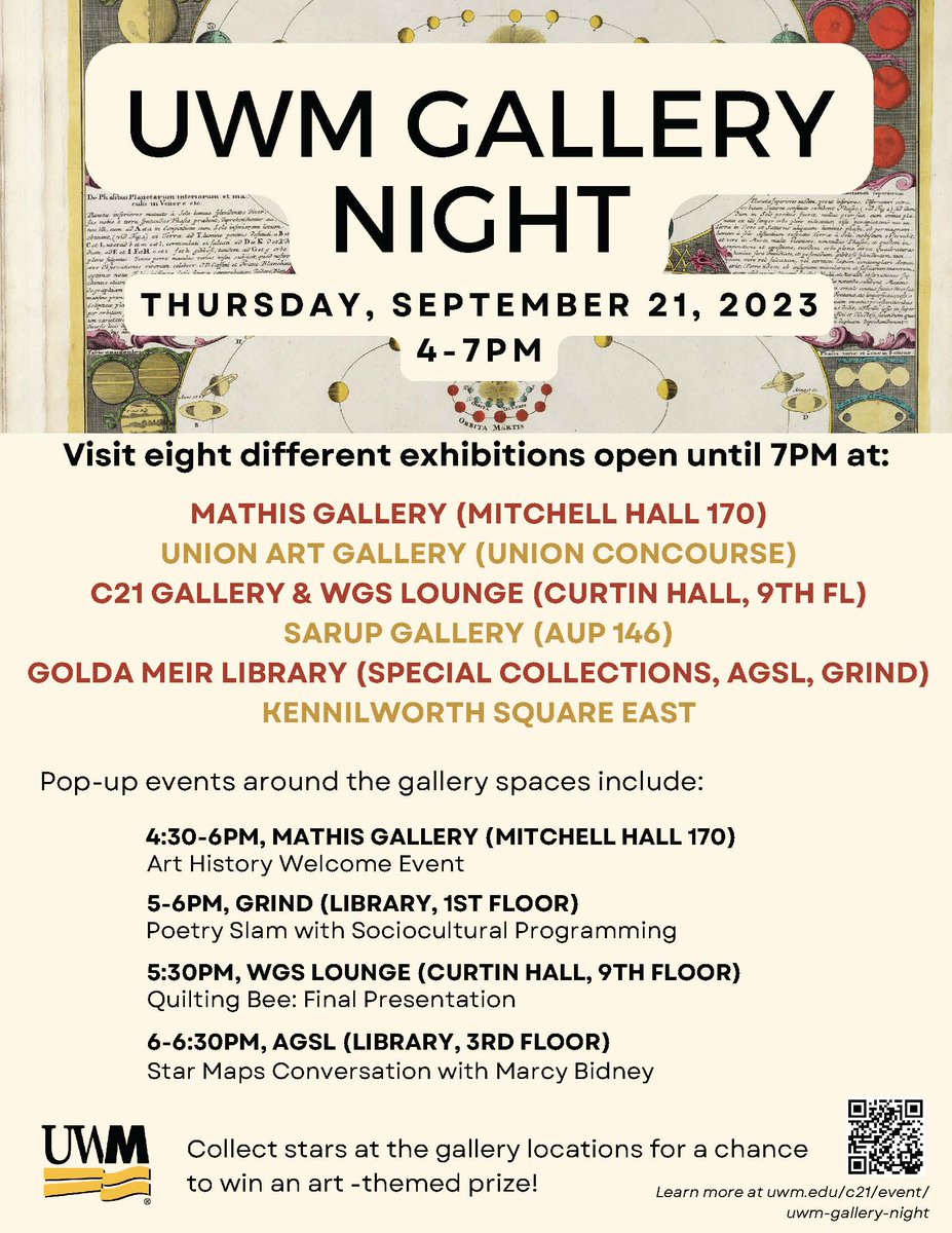 UWMPlanetarium's tweet photo. ⭐️ Explore #UWM Gallery Night tomorrow, Thursday, September 21 between 4:00 - 7:00 pm 🎨 featuring choice artwork, historical pieces, and performances that pay tribute to the relationships between terrestrial / celestial and art / science
➡️ https://t.co/HwXRbRPrdw https://t.co/Vll2nVcFU8