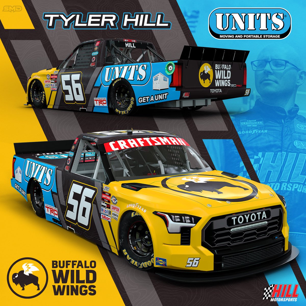 NEWS: <a href="/BWWings/">Buffalo Wild Wings</a> &amp; <a href="/UnitsStorage/">UNITS Moving and Portable Storage</a> to be co-primary partners on Tyler Hill's No. 56 <a href="/TALLADEGA/">Talladega Superspeedway</a>! Here's the first look at the <a href="/ToyotaRacing/">Toyota Racing</a> Tundra that Tyler will pilot around the famed 2.66 mile superspeedway!