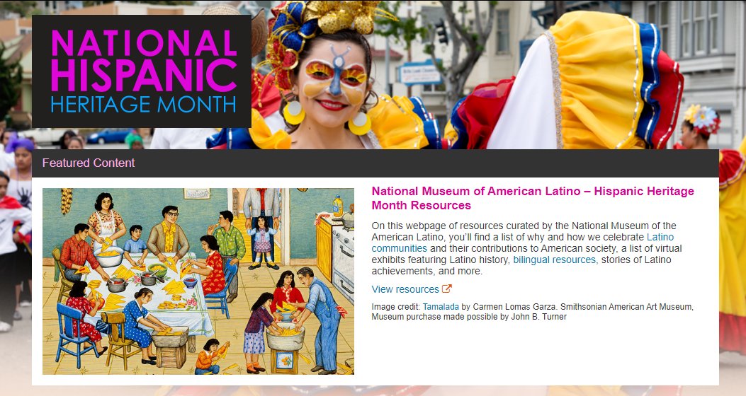 usedgov's tweet photo. Educators: @smithsonian's @USLatinoMuseum has a collection of #HispanicHeritageMonth teaching resources to celebrate Latino communities, including virtual exhibits featuring Latino history, bilingual resources, and more. https://t.co/SJq1lmXOuI #HHM https://t.co/bKaJaobi0W