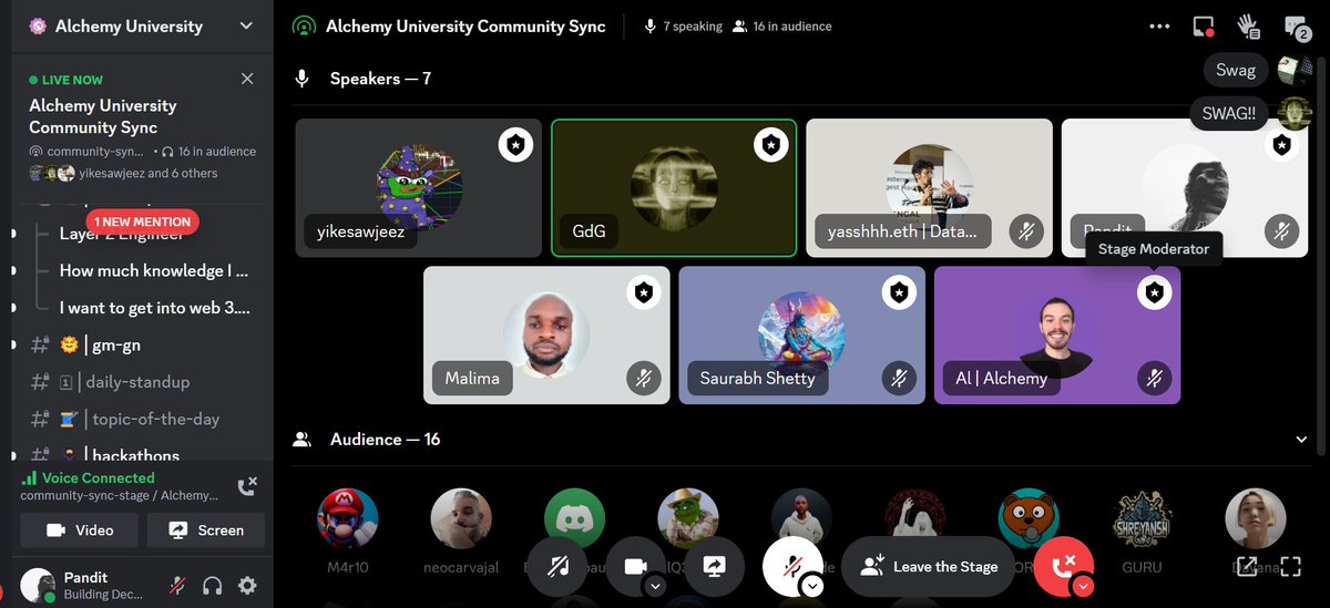 panditdhamdhere's tweet image. Today in @AlchemyLearn we are talking about New solidity course, Thanks @lifeofbitcoin for giving us some knowledge of account abstraction, and Thanks to Alchemy Ambassador Malima for sharing Chatweb3 knowledge! we're growing together!