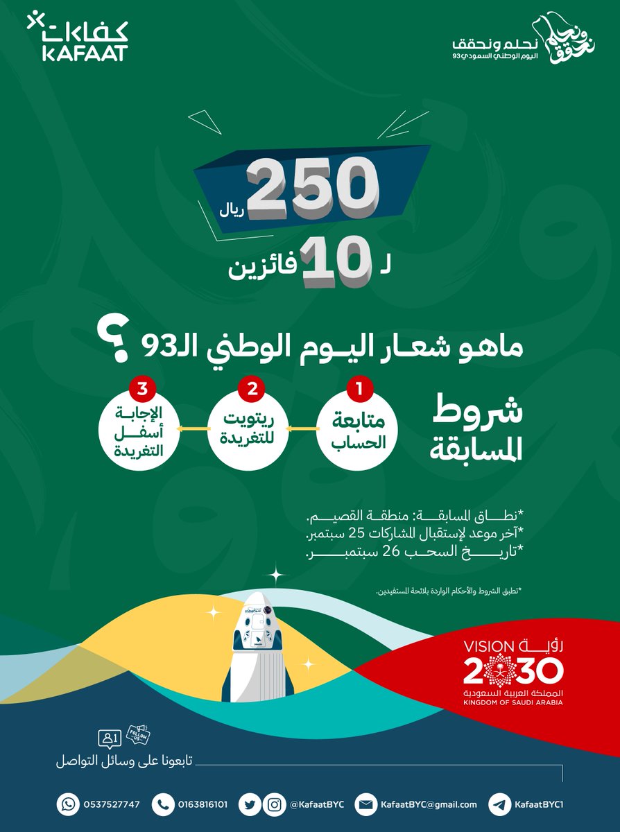 KafaatBYC's tweet photo. 🟢مسابقة جمعية كفاءات الأهلية لبناء قدرات الشباب 
بمناسبة اليوم الوطني الـ93 🇸🇦 

#رؤية_السعودية_2030  #نحلم_ونحقق_93 #SaudiVision2030 #جمعية_كفاءات https://t.co/XQeZWP9ac1