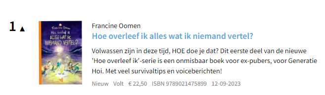 Het nieuwe boek van <a href="/francineoomen/">francine oomen</a> komt binnen op 1 in <a href="/DeBestseller60/">De Bestseller 60</a>! Binnen een week zijn er al meer dan 45.000 exemplaren verkocht van Hoe overleef ik alles wat ik niemand vertel?

Komende tijd gaat Francine Oomen op tournee, kijk voor een overzicht op hoeoverleefik.nu/tournee