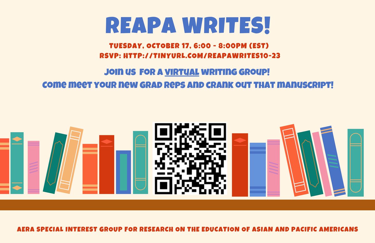 AERA-REAPA Graduate Students (@reapagrads) on Twitter photo Thanks to those who came out to the writing group last night! We had a great time meeting new people and getting some writing done.
If you missed it, we will be hosting another one Oct 17 from 6-8PM EST!
Sign up now: tinyurl.com/reapawrites10-…
#AERA <a href="/REAPA_SIG/">AERA REAPA-SIG</a> #phdchat Thanks to those who came out to the writing group last night! We had a great time meeting new people and getting some writing done.
If you missed it, we will be hosting another one Oct 17 from 6-8PM EST!
Sign up now: tinyurl.com/reapawrites10-…
#AERA <a href="/REAPA_SIG/">AERA REAPA-SIG</a> #phdchat
