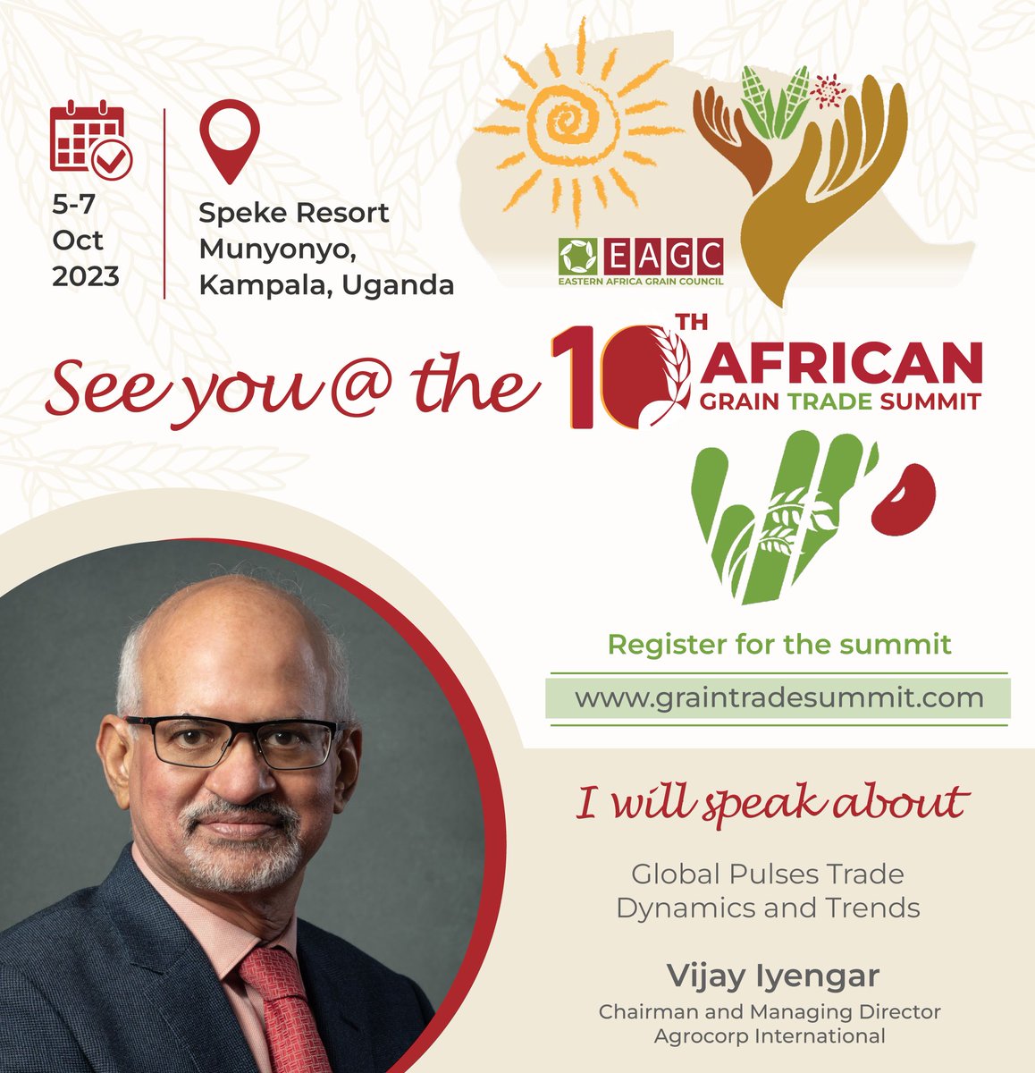 @EAGrainCouncil (@eagraincouncil) on Twitter photo We are delighted to have <a href="/Agrocorp/">Agrocorp International</a> Managing Director and Chairman of <a href="/GlobalPulsesGPC/">GPC</a> Mr.Vijay Iyengar at the 10th #AfricanGrainTradeSummit. Join us for a discussion on #GlobalPulsesTradeDynamics and #Trends. #DefiningAfricaplaceinGlobalGrainTrade   #SustainableFoodSystems We are delighted to have <a href="/Agrocorp/">Agrocorp International</a> Managing Director and Chairman of <a href="/GlobalPulsesGPC/">GPC</a> Mr.Vijay Iyengar at the 10th #AfricanGrainTradeSummit. Join us for a discussion on #GlobalPulsesTradeDynamics and #Trends. #DefiningAfricaplaceinGlobalGrainTrade   #SustainableFoodSystems