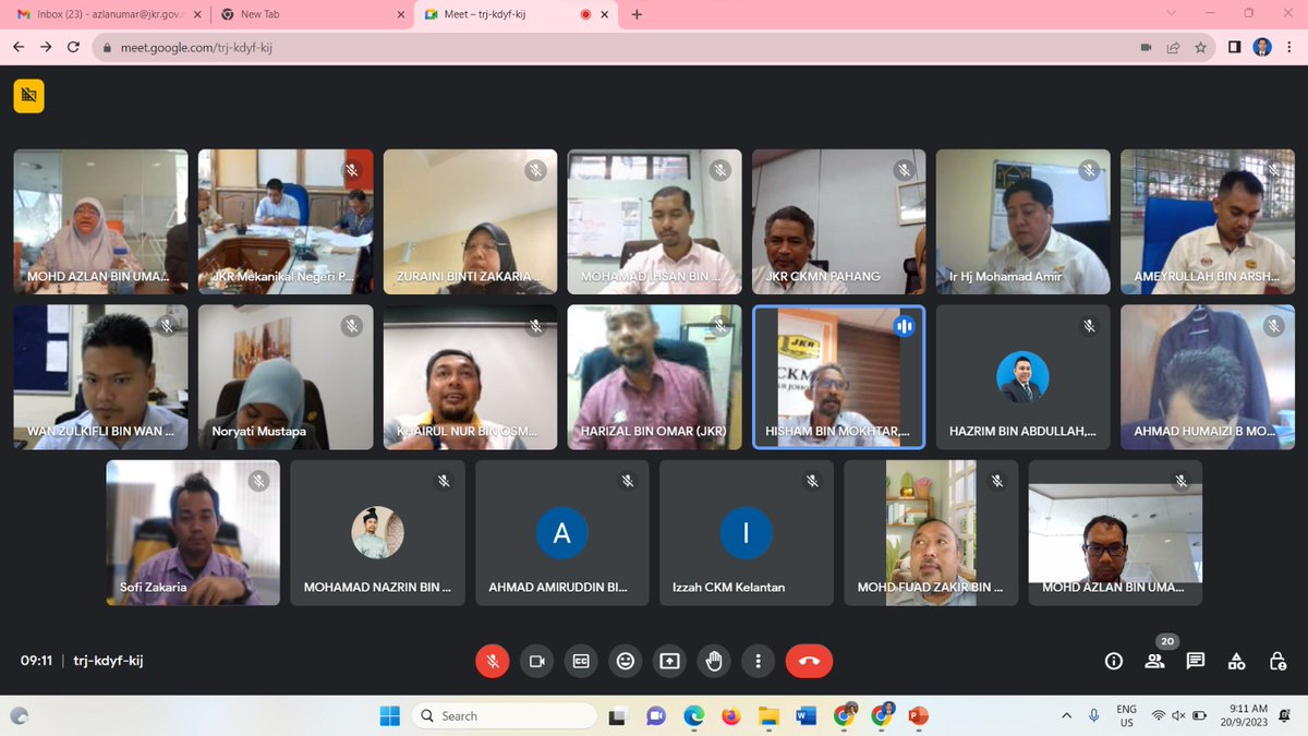 20/9/2023 @9.00pg

Mesyuarat Pemantauan Prestasi Perbelanjaan Peruntukan MHPV &amp; Senggaraan CKM.

Pengerusi: 
Pn. Pengarah Khidmat Pakar CKM <a href="/AishahJkr/">AISHAH HAZLINA BINTI MD DEAN, IR. HJH. (JKR)</a> 

Dihadiri oleh semua JKR CKM Negeri secara atas talian.

<a href="/IPJKR_Official/">JKR Malaysia Rasmi</a>
<a href="/JKR_CKM/">JKR CAW. KEJ. MEKANIKAL</a>