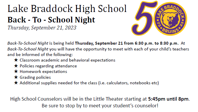 FCPSLBSS's tweet photo. Reminder that tomorrow, September 21, is HS
Back-To-School Night at 6:30pm. A Counselor Meet &amp;
Greet will be held at 5:45pm in the Lecture Hall. We
look forward to seeing you there! https://t.co/7vaWO0maUu