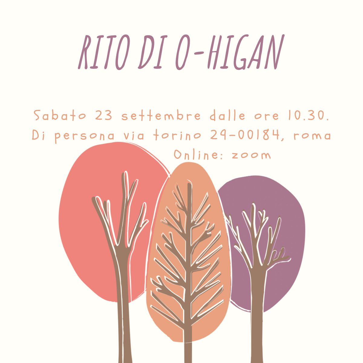 🌿Rito di O-higan —Equinozio d’autunno—🌿 
📅 Sabato 23 settembre 
🕰️ dalle ore 10.30-11.30 
🛕 Di persona Via Torino 29-00184, Roma 
Online: zoom 
Per ulteriori informazioni, contattare il seguente indirizzo e-mail. ▶️ roma@rk-euro.org