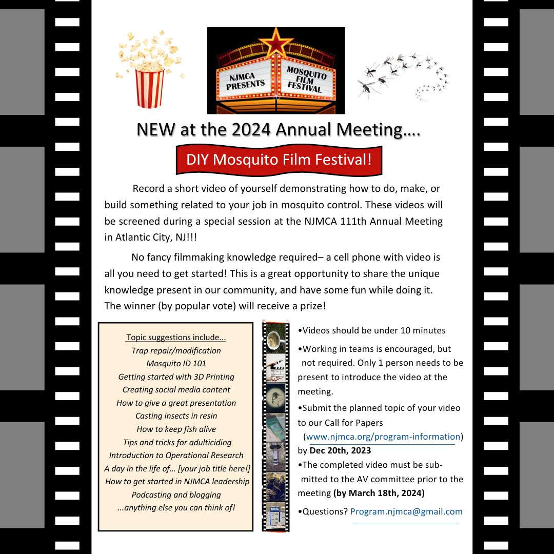NJMosquitoAssn's tweet photo. Call all videographers and film makers! This year NJMCA is holding a DIY Film Festival- this is a unique opportunity to share your expertise with our community! Read more about it with the link below or in bio. #NJMCA2024 #NJMCA #MosquitoControl 🦟🎥

https://t.co/1wZEJqddGV https://t.co/MUsNSSIi39