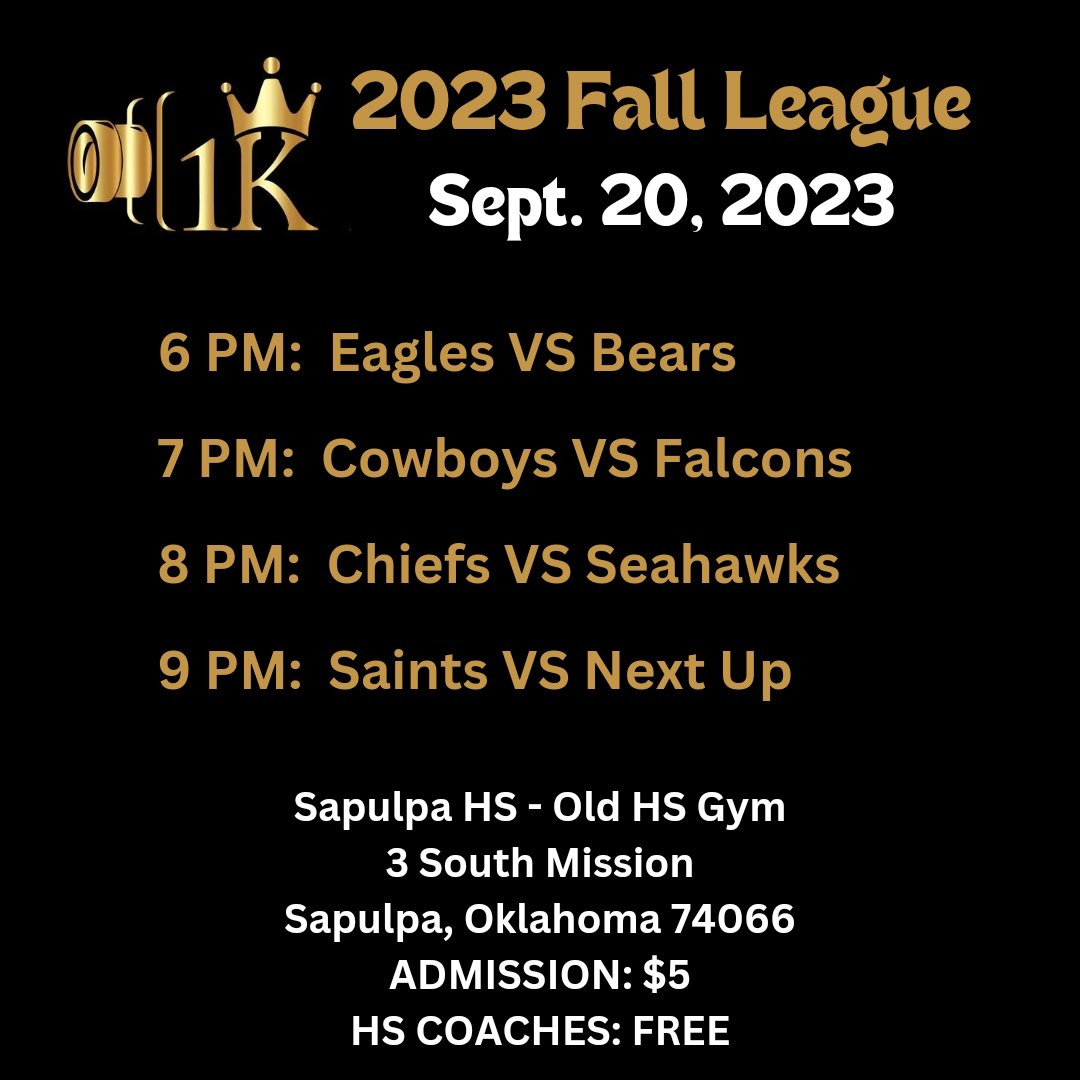 Week 4 of @1KMedia_ fall league tonight. @KorbinGunn @Barron5Harris @Deke_thompson @jyson_kim @RyderXP2 @HooperAiden11 @RioAdamsjr time to go 4-0! Would love to see a good crowd out to support all these young men in the league and 1k media for the work they do for our kids.