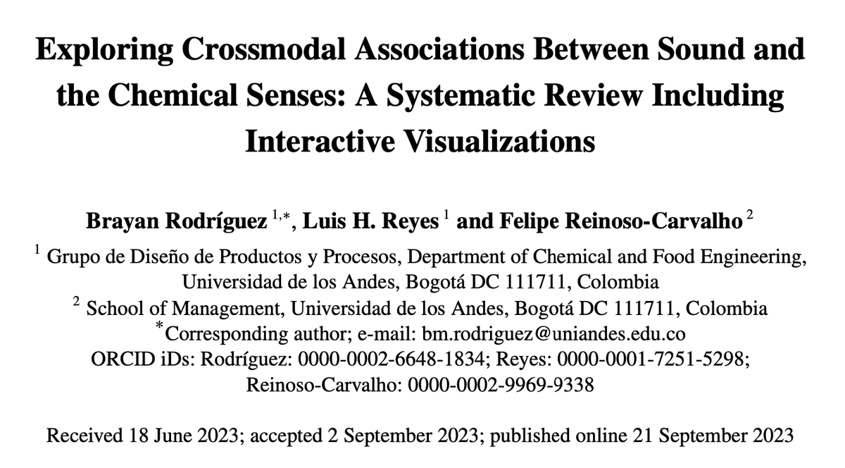 Felipe RC (@sonictaste) on Twitter photo New #Review exploring Crossmodal Associations Between Sound and the Chemical Senses: Check the visualizations! bit.ly/visaudchexps <a href="/luishreyes/">Luis H. Reyes</a> <a href="/Brayanrodbajo1/">Brayan</a> <a href="/AdmonUniandes/">AdmonUniandes</a> <a href="/inguniandes/">Facultad de Ingeniería Uniandes</a>
DOI:10.1163/22134808-bja10107 New #Review exploring Crossmodal Associations Between Sound and the Chemical Senses: Check the visualizations! bit.ly/visaudchexps <a href="/luishreyes/">Luis H. Reyes</a> <a href="/Brayanrodbajo1/">Brayan</a> <a href="/AdmonUniandes/">AdmonUniandes</a> <a href="/inguniandes/">Facultad de Ingeniería Uniandes</a>
DOI:10.1163/22134808-bja10107
