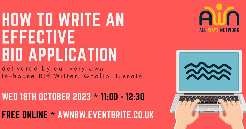 AWN_org's tweet image. 📢 UPCOMING EVENT: How to write effective bid applications

Join All Ways Network &amp;amp; our in house #bidwriter to learn how to improve grant application skills.

🔴 Wed, 18 Oct 2023 
🔴 11:00am - 12:30pm 
🔴 Online Webinar

🔔Book your FREE place below 🔽 

awnbw.eventbrite.co.uk