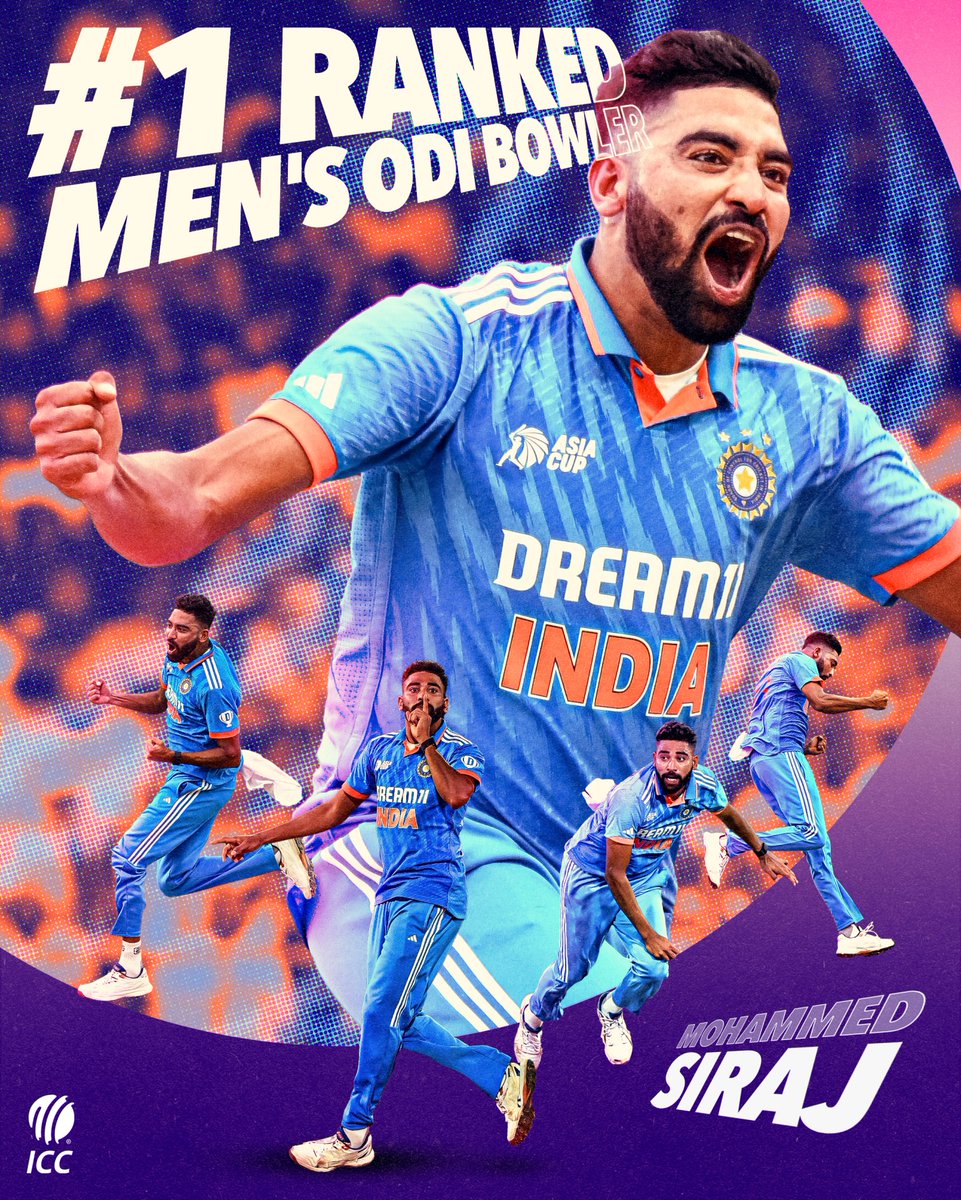 ICC's tweet photo. Back to No. 1⃣ 💥

Mohammed Siraj reclaimed the top spot in the latest @MRFWorldwide ICC Men's ODI Bowlers Rankings update 👏

✍: https://t.co/JsYVtP0kaB https://t.co/fllqjmlcev