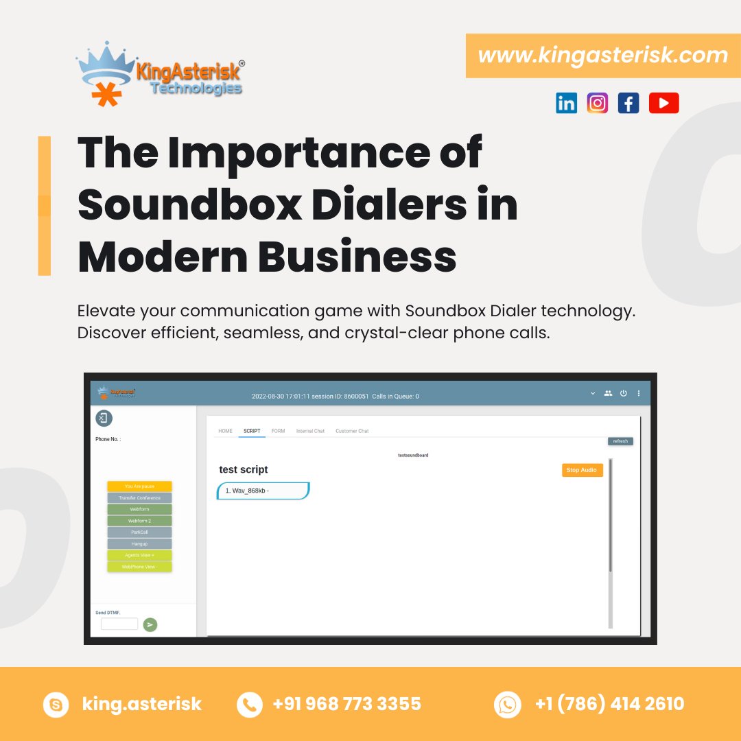 KingAsterisk's tweet image. 📞 Communicate Better in Business
🌐 Explore More: kingasterisk.com
📞 Contact Us: +91 968 773 3355 | +1 (786) 414 2610
Skype : king.asterisk
#KingAsterisk #SoundboxDialer #CommunicationTechnology #ModernBusiness #EfficientCalls #TelecomInnovation #BusinessAdvancements
