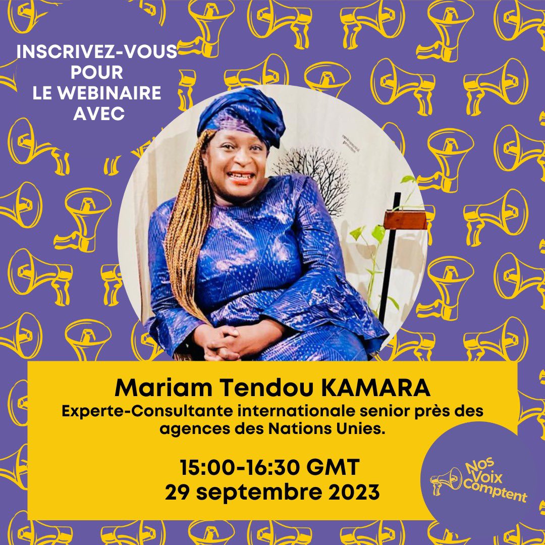 MariamTendou's tweet photo. « Mesurer les avancées avec une approche féministe: Évaluation à mi-parcours du @GenEgaliteFR » c’est le webinaire que propose @nosvoixcomptent. 

Je vous invite à me rejoindre , avec d’autres, ce 29 septembre au webinaire exclusif « Nos Voix Comptent » où ensemble, nous évaluerons à mi-parcours les avancées du Forum #GénérationÉgalité. 

Inscrivez-vous dès maintenant pour faire entendre votre voix dans cette conversation cruciale pour l'égalité des sexes : 

Lien pour y accéder 
https://t.co/WDnPfs9xL5  

#ÉgalitéDesSexes 
#ForumGénérationÉgalité 
#MidpointEvent
#NosVoixComptent