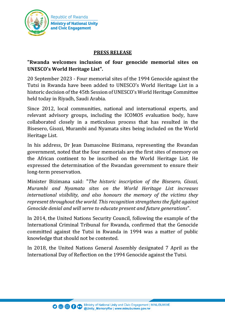 Unity_MemoryRw's tweet photo. Today, four memorial sites of the 1994 Genocide against the Tutsi namely Murambi, Nyamata, Gisozi and Bisesero have been inscribed on the World Heritage list. This recognition strengthens the fight against Genocide denial and will serve to educate present and future generations. https://t.co/jytUZWtfFw