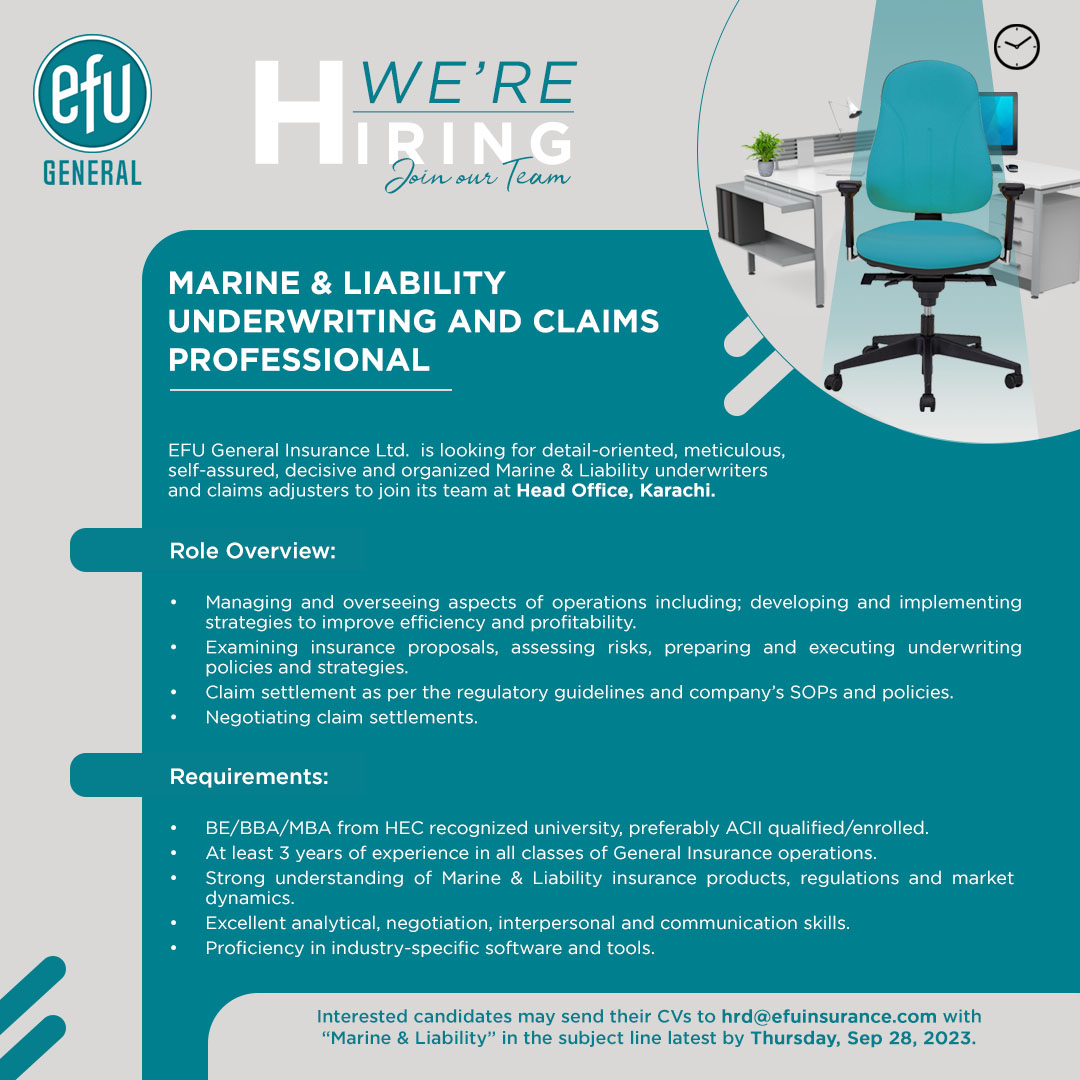 efugeneralltd's tweet photo. We are Hiring - Join our Team

MARINE &amp; LIABILITY UNDERWRITING AND CLAIMS PROFESSIONAL

Interested candidates may send their CVs to hrd@efuinsurance.com with “Marine &amp; Liability” in the subject line latest by Thursday, Sep 28, 2023

#efuinsurance #hiring #jobsearch https://t.co/QJhm8TgWX1