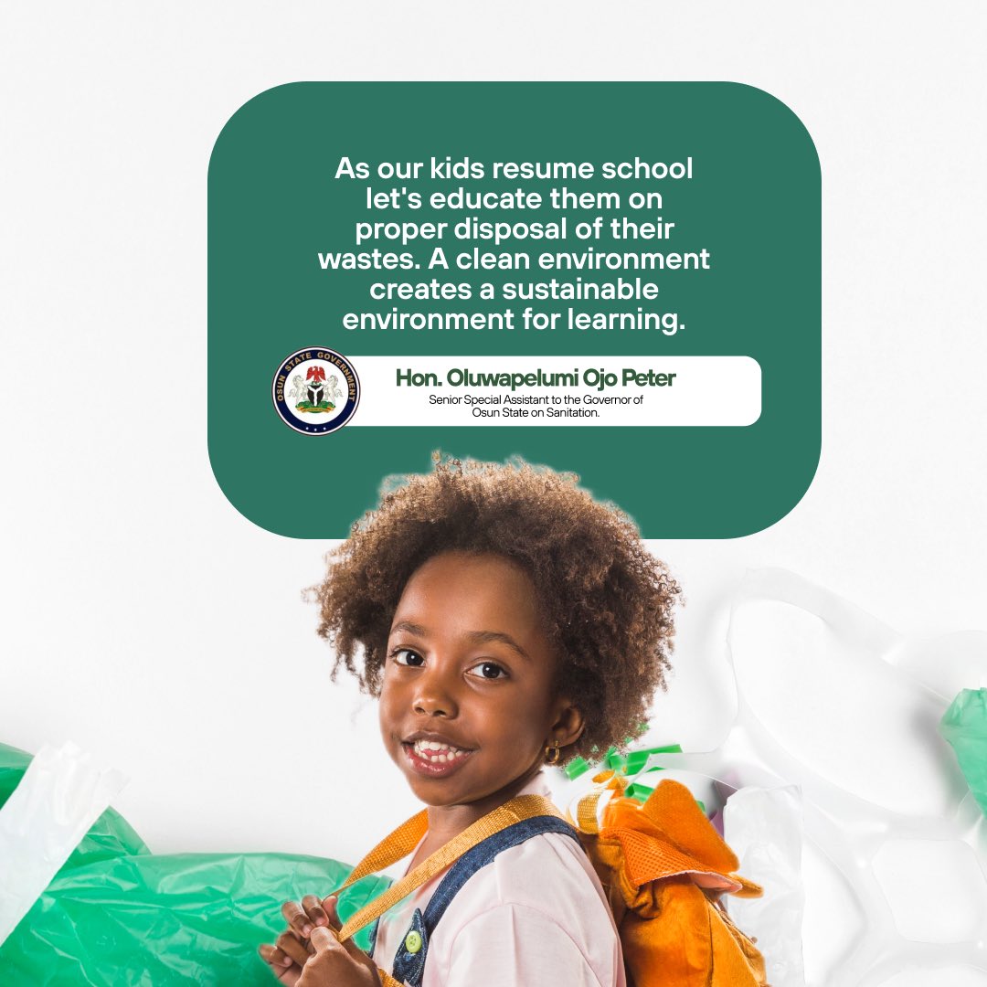 pelumi__ojo's tweet photo. "๐๐ Dear Parents! ๐ As the new school year begins, let's teach our kids the importance of responsible waste management. Encourage them to use reusable lunch containers, say no to single-use plastics, and be mindful of litter. ๐ฟโป๏ธ #CleanOsun #BacktoSchool #WasteManagement" https://t.co/7S23NKTOFN