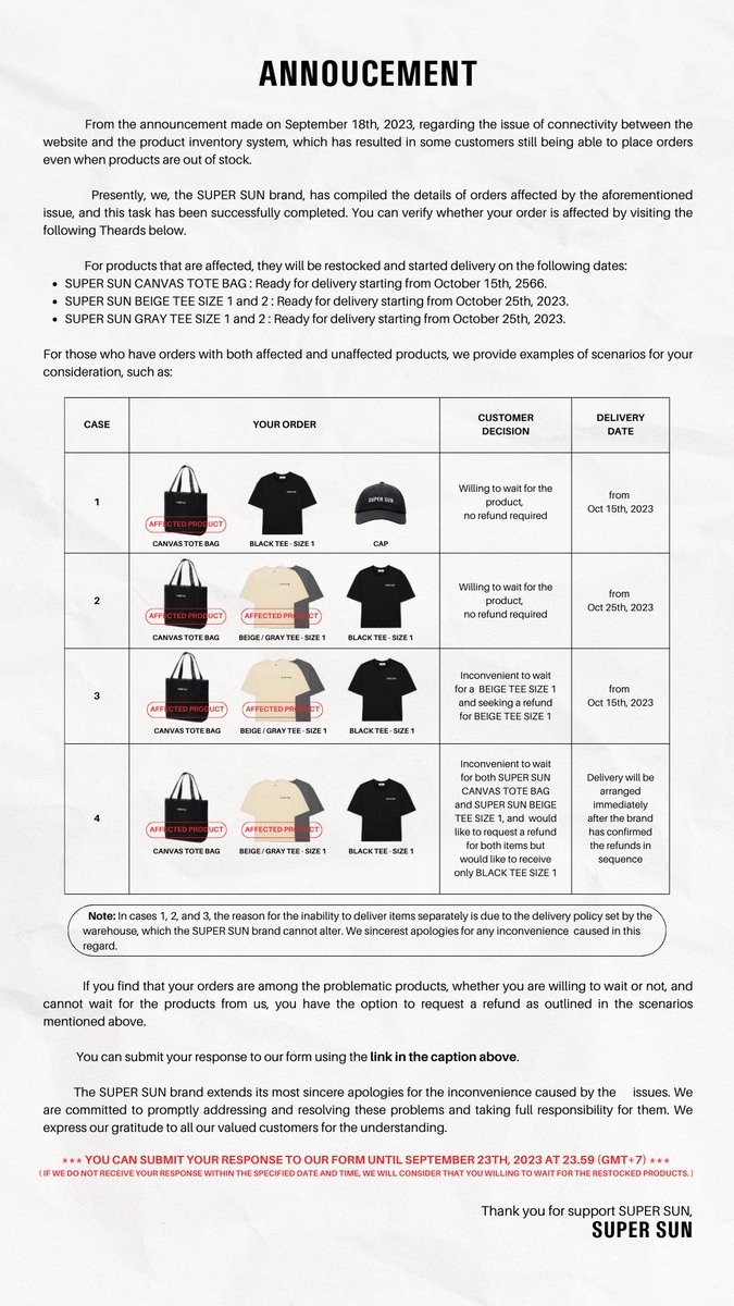 ประกาศเรื่องรายการคำสั่งซื้อที่มีปัญหา
annoucement for problematic orders

🔘 รายการคำสั่งซื้อที่เกิดปัญหา
The list of affected orders : drive.google.com/file/d/1WZxOm0…

🔘 ท่านสามารถแจ้งความประสงค์ข้างต้นเข้ามาได้ที่ลิงก์
You can submit your response to our form using the following link